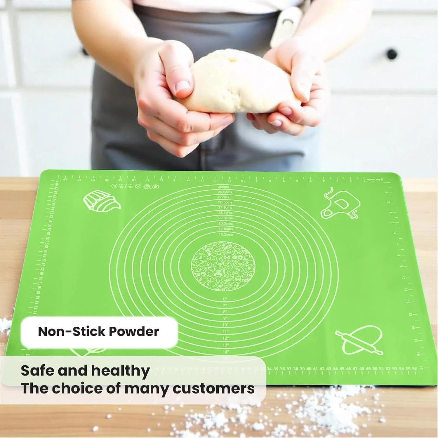 حصیر سیلیکونی پخت پنبه هوم برای ورز دادن خمیر شیرینی با اندازه گیری، آستر مقاوم در برابر حرارت، زیر بشقابی، تخته شیرینی پزی غیر چسبنده و ضد لغزش، لوازم پخت برای پخت پیتزا و کیک 60x40 سانتی متر سبز
