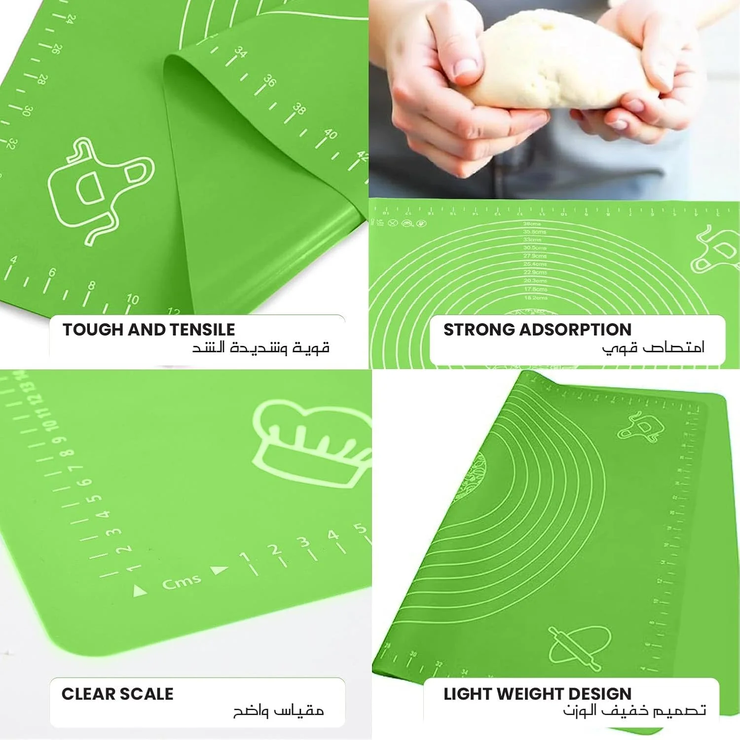 حصیر سیلیکونی پخت پنبه هوم برای ورز دادن خمیر شیرینی با اندازه گیری، آستر مقاوم در برابر حرارت، زیر بشقابی، تخته شیرینی پزی غیر چسبنده و ضد لغزش، لوازم پخت برای پخت پیتزا و کیک 60x40 سانتی متر سبز