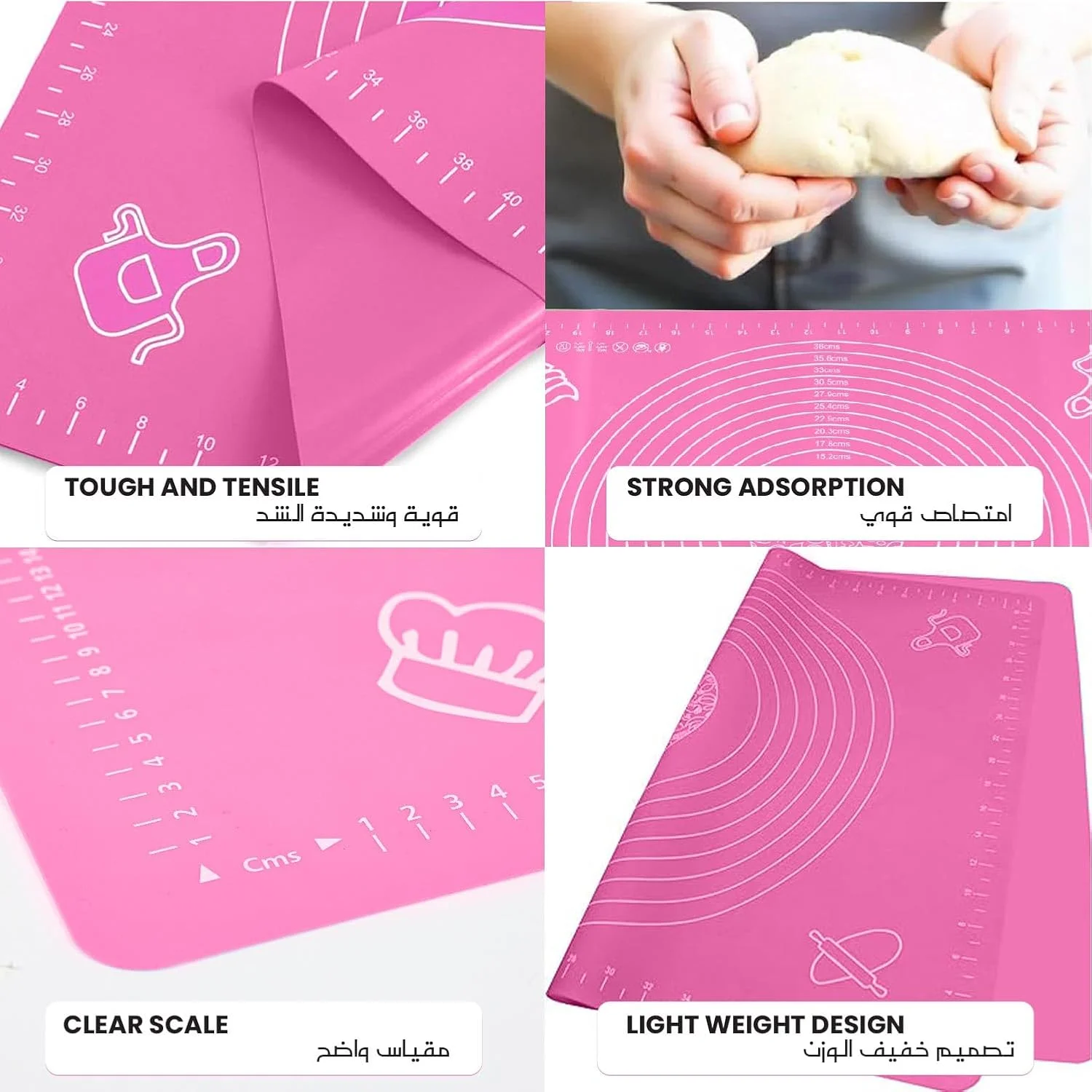 حصیر سیلیکونی پخت پنبه هوم برای ورز دادن خمیر شیرینی با اندازه گیری، زیرانداز مقاوم در برابر حرارت، پد زیر بشقابی، تخته شیرینی پزی نچسب و ضد لغزش، لوازم پخت برای پخت پیتزا و کیک 60x40 سانتی متر صورتی