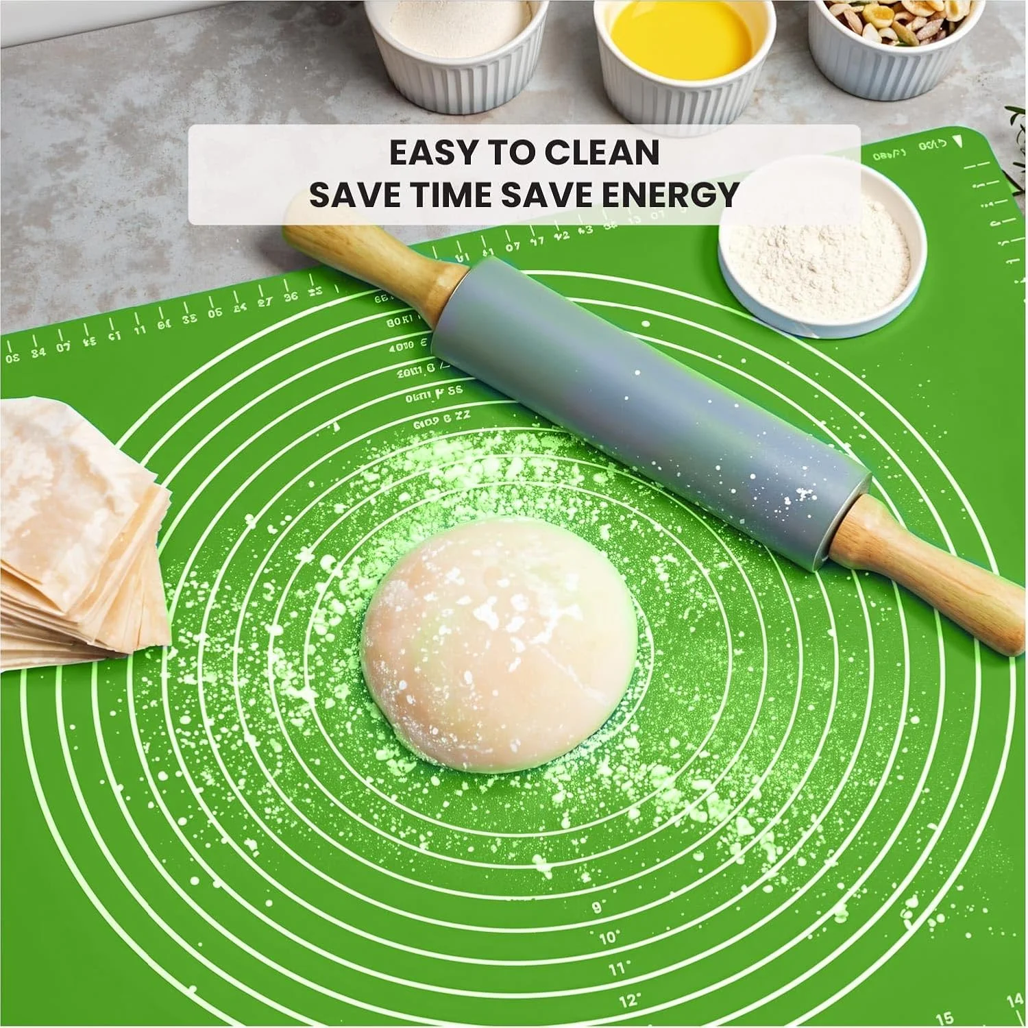 حصیر سیلیکونی پخت پنبه هوم برای ورز دادن خمیر شیرینی با اندازه گیری، آستر مقاوم در برابر حرارت، زیر بشقابی، تخته شیرینی پزی غیر چسبنده و ضد لغزش، لوازم پخت برای پخت پیتزا و کیک 60x40 سانتی متر سبز