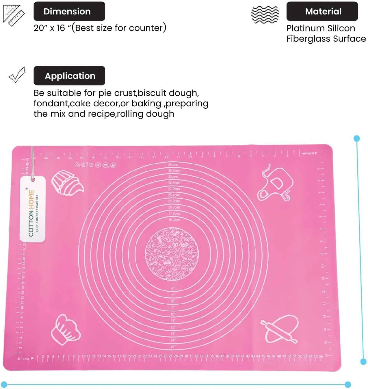 حصیر سیلیکونی پخت پنبه هوم برای ورز دادن خمیر شیرینی با اندازه گیری، زیرانداز مقاوم در برابر حرارت، پد زیر بشقابی، تخته شیرینی پزی نچسب و ضد لغزش، لوازم پخت برای پخت پیتزا و کیک 60x40 سانتی متر صورتی
