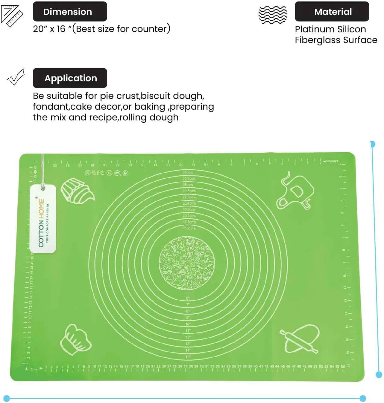 حصیر سیلیکونی پخت پنبه هوم برای ورز دادن خمیر شیرینی با اندازه گیری، آستر مقاوم در برابر حرارت، زیر بشقابی، تخته شیرینی پزی غیر چسبنده و ضد لغزش، لوازم پخت برای پخت پیتزا و کیک 60x40 سانتی متر سبز