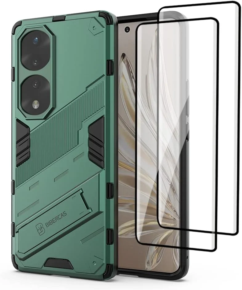 کیف محافظ گوشی QINOUK برای Honor 70 Pro، [ضد ضربه] [دارای پایه تاشو] TPU نرم و PC سخت، ضد خش، به همراه محافظ صفحه نمایش شیشه ای حرارت دیده [2 عددی]، برای Honor 70 Pro - سبز