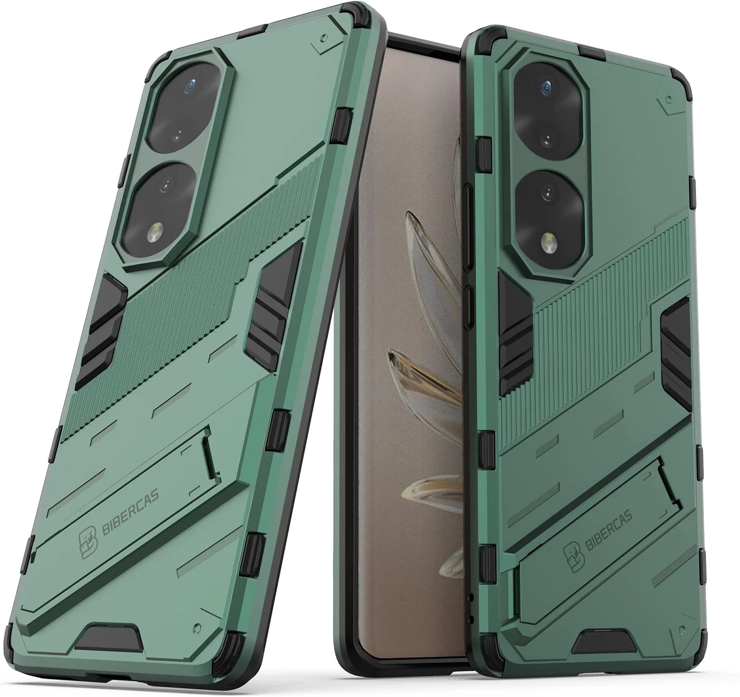 کیف محافظ گوشی QINOUK برای Honor 70 Pro، [ضد ضربه] [دارای پایه تاشو] TPU نرم و PC سخت، ضد خش، به همراه محافظ صفحه نمایش شیشه ای حرارت دیده [2 عددی]، برای Honor 70 Pro - سبز