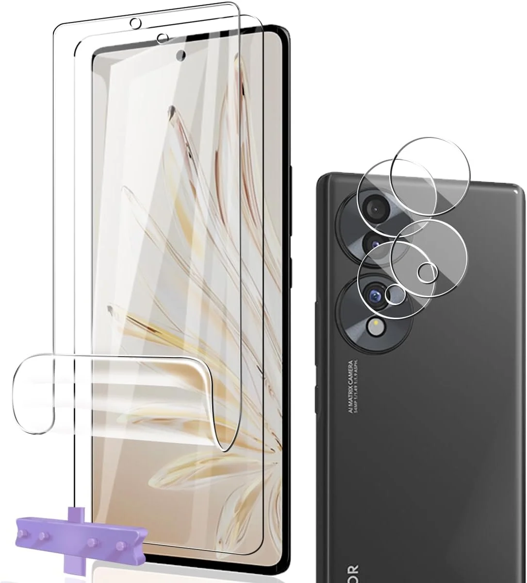 محافظ صفحه نمایش TPU Phlleyaa برای گوشی Honor 70، 2 عدد فیلم TPU و 2 عدد محافظ شیشه ای دوربین، نصب آسان، ضد خش و بدون حباب، شیشه حرارت دیده برای Honor 70