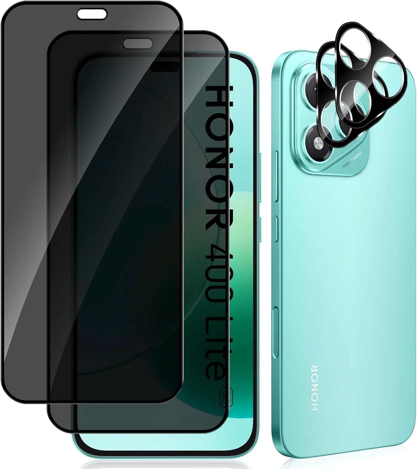 محافظ صفحه نمایش حریم خصوصی MokaZii برای Honor 400 Lite 5G، [2+2 تکه] محافظ صفحه دوربین + محافظ صفحه نمایش حریم خصوصی، محافظ صفحه نمایش شیشه ای سخت شده ضد خش 9H برای Honor 400 Lite 5G