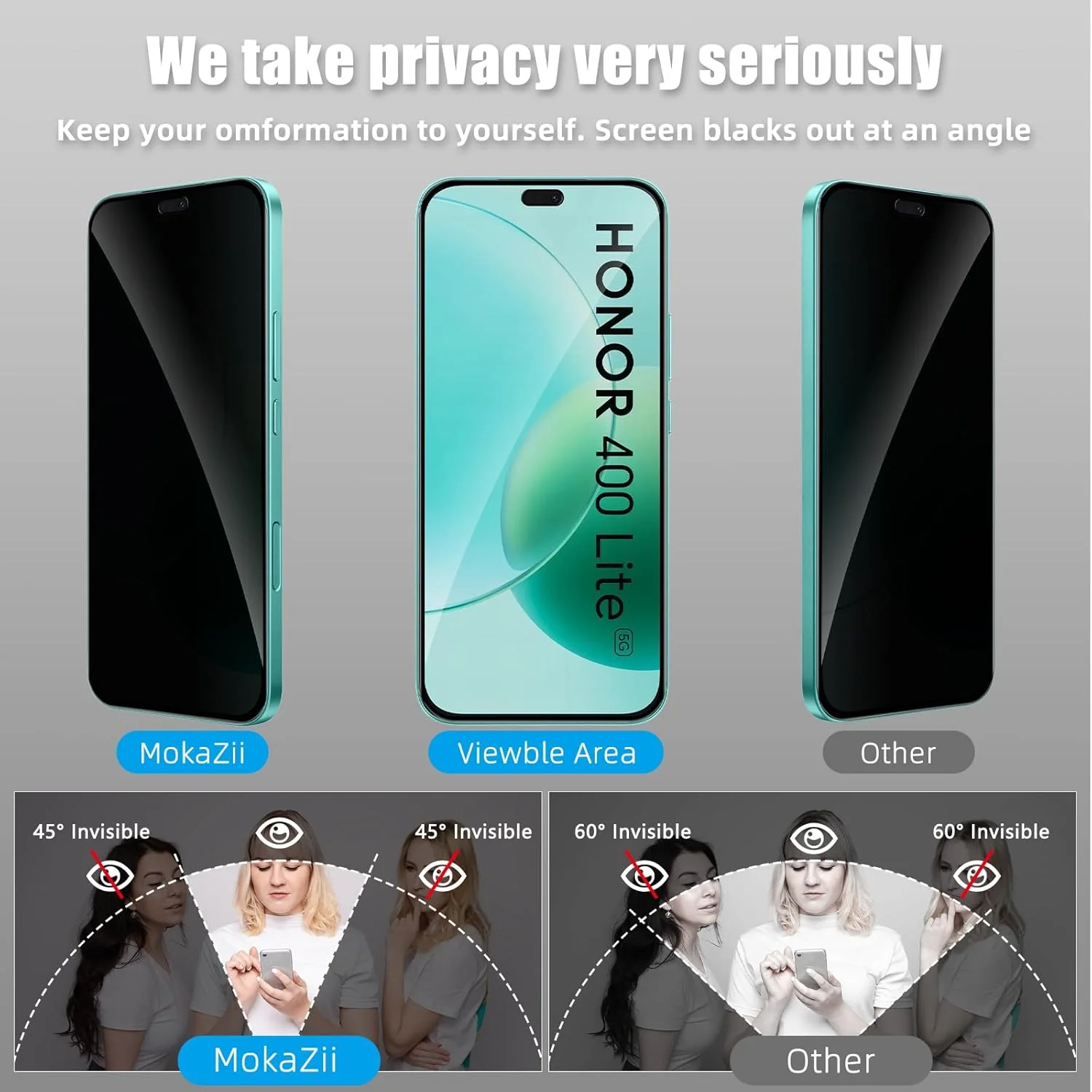 محافظ صفحه نمایش حریم خصوصی MokaZii برای Honor 400 Lite 5G، [2+2 تکه] محافظ صفحه دوربین + محافظ صفحه نمایش حریم خصوصی، محافظ صفحه نمایش شیشه ای سخت شده ضد خش 9H برای Honor 400 Lite 5G