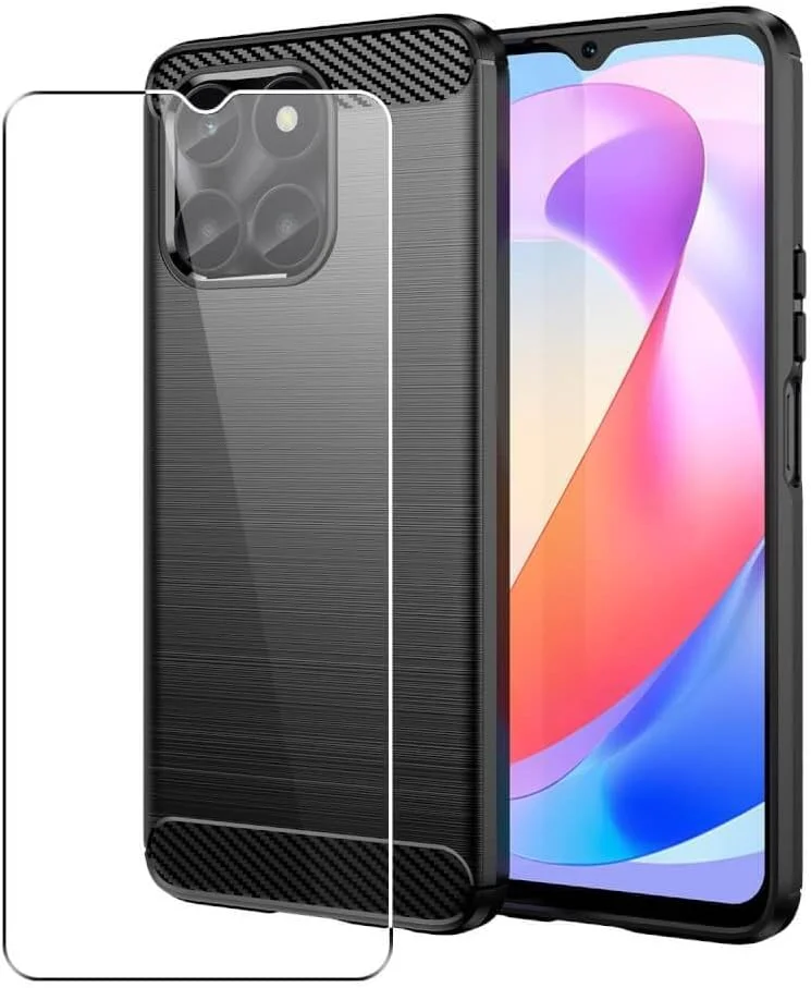 کاور SDTEK سازگار با Honor X6a، محافظت 360 درجه کامل بدنه، کاور گوشی فیبر کربنی با محافظ صفحه نمایش شیشه ای حرارت دیده