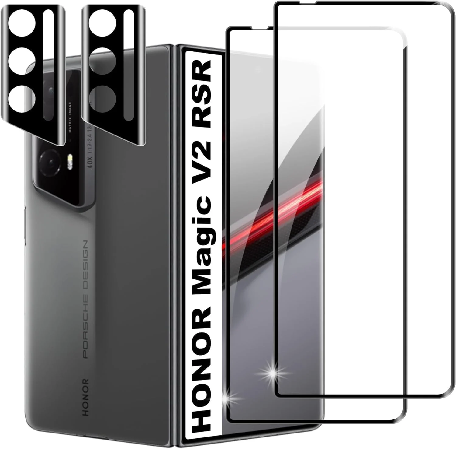 محافظ صفحه نمایش شیشه ای حرارت دیده Gruattreay سازگار با Honor Magic V2 RSR، [بسته 2+2] محافظ لنز دوربین شیشه ای حرارت دیده و محافظ صفحه نمایش ضد خش HD با سختی 9H