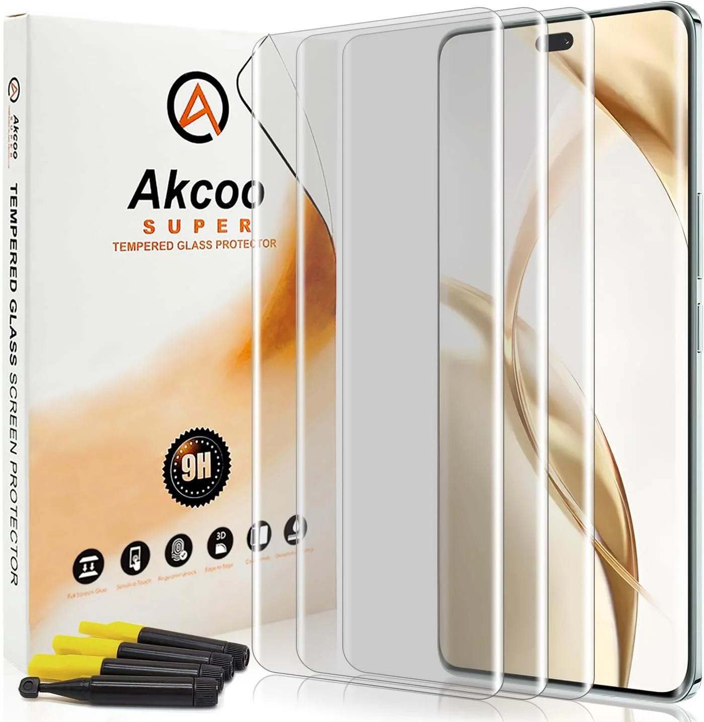 محافظ صفحه نمایش Akcoo برای گوشی Honor 200 Pro، شیشه حرارت دیده UV - بسته 3 عددی، پوشش کامل لبه به لبه، مقاوم در برابر خراشیدگی 9H، لمس حساس