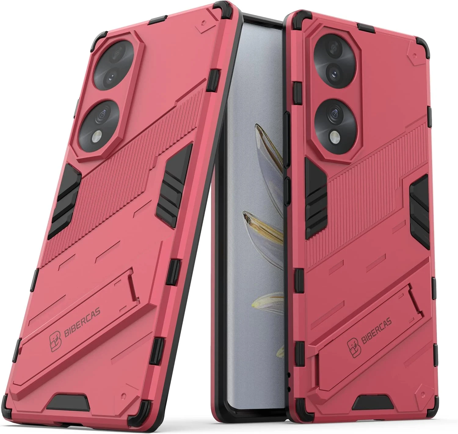 کیف محافظ گوشی QINOUK برای Honor 70، [ضد ضربه] [دارای پایه تاشو] TPU نرم و PC سخت، ضد خش، به همراه محافظ صفحه نمایش شیشه ای حرارت دیده [2 عددی]، برای Honor 70 - قرمز رز