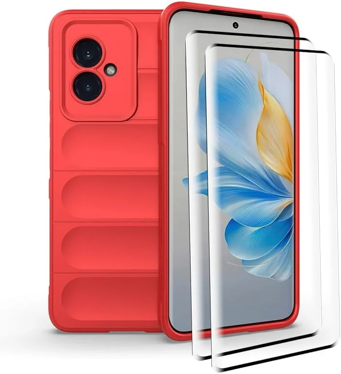 کاور محافظ گوشی GMUJIAO سازگار با Honor 100 5G، ضد لغزش، ضد ضربه، ضد خش، همراه با 2 محافظ صفحه نمایش شیشه ای حرارت دیده [مقاوم در برابر خش] - قرمز