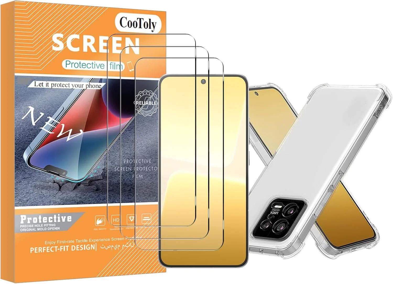 محافظ صفحه نمایش شیشه ای CooToly به همراه قاب گوشی شفاف، بسته 3 عددی، باریک و مقاوم در برابر ضربه (مناسب برای MI13)