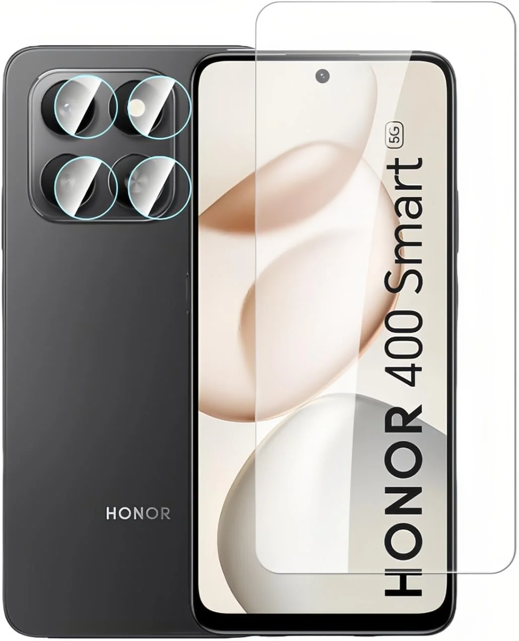 محافظ صفحه نمایش و لنز دوربین شیشه ای حرارت دیده Gruattreay سازگار با Honor 400 Smart 5G ([بسته 2+2])، شیشه حرارت دیده HD با سختی 9H، ضد خش و بدون حباب