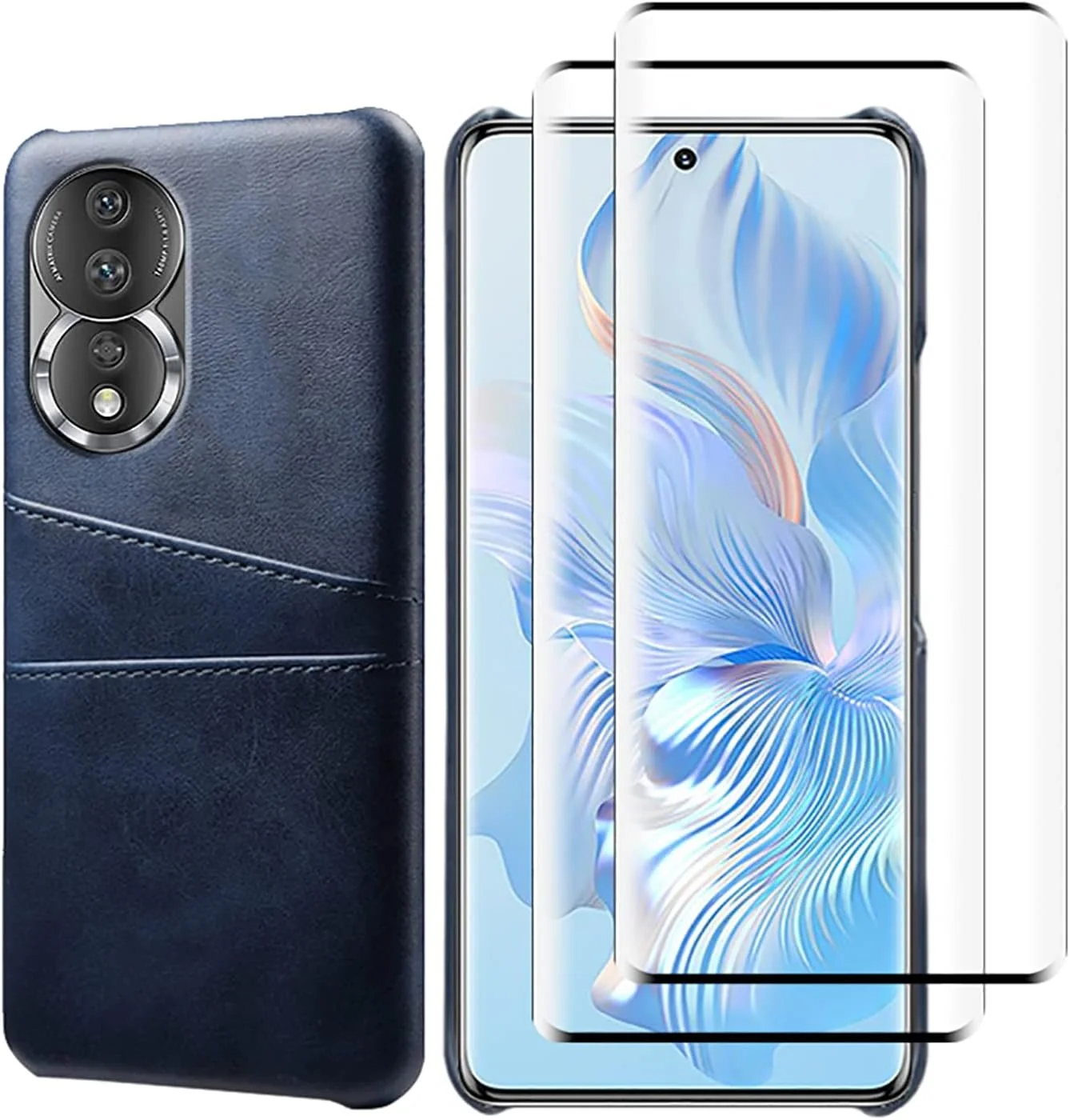 کیف پول GMUJIAO برای گوشی آنر 80، محافظ فوق العاده باریک، کیف پول چرمی باریک با جای کارت اعتباری و 2 محافظ صفحه نمایش شیشه ای حرارت دیده - آبی