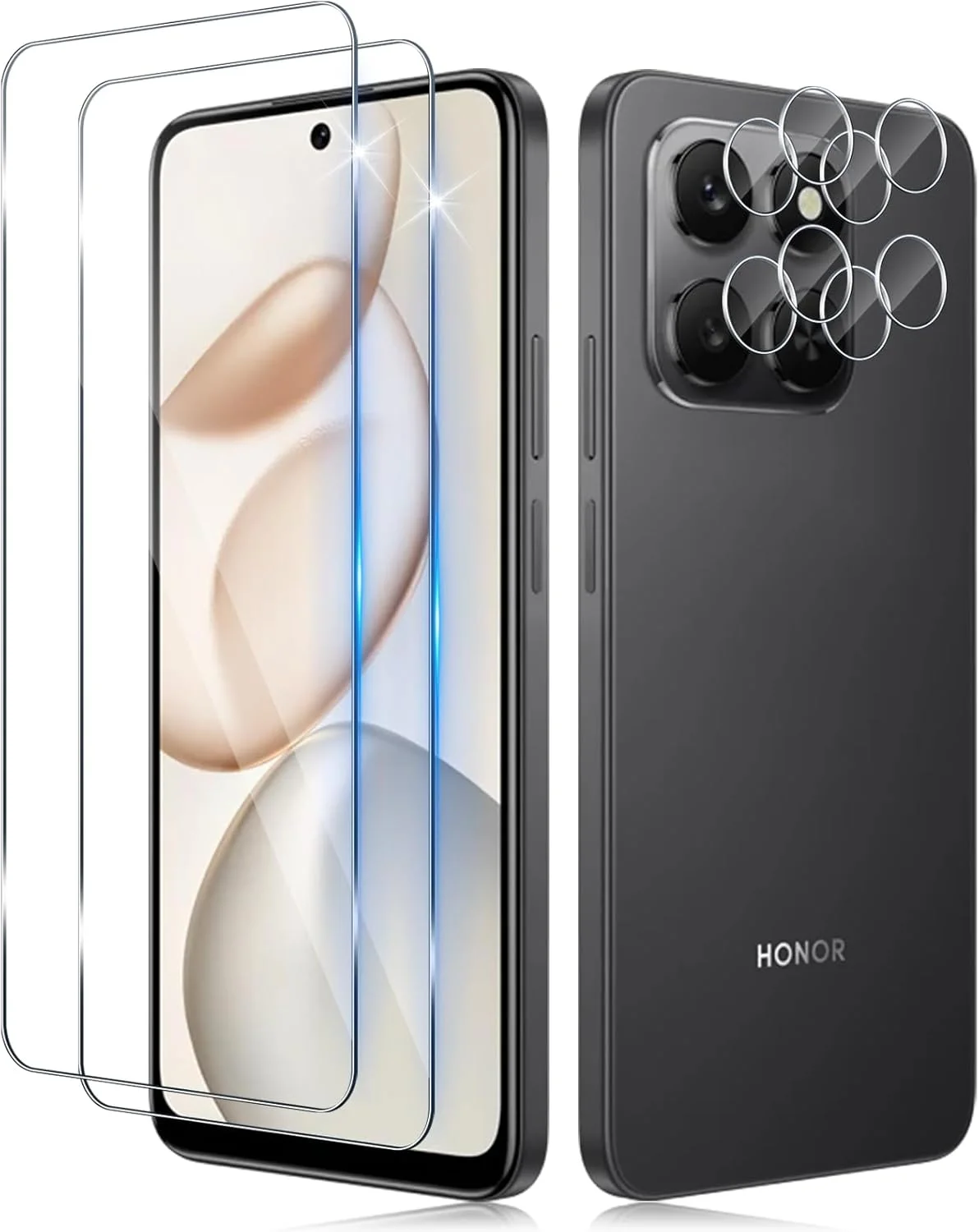 محافظ صفحه نمایش Funrae برای گوشی Honor 400 Smart، شیشه حرارت دیده با محافظ دوربین، 2 عدد فیلم 0.33 میلی متری با سختی 9H و 2 عدد محافظ دوربین فوق شفاف، محافظ صفحه نمایش ضد خش HD