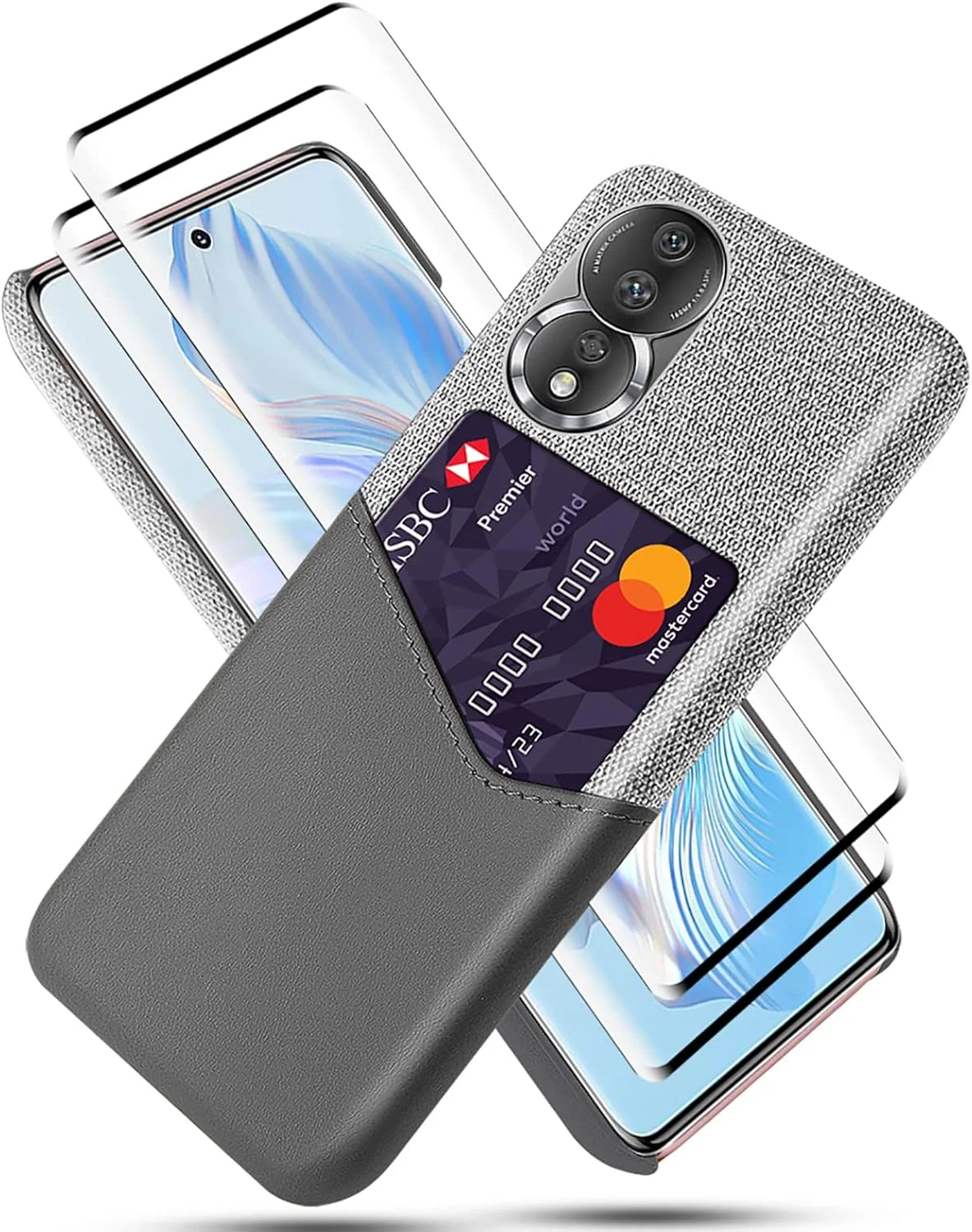 کیف پول GMUJIAO برای Honor 80، محافظ فوق العاده باریک، کیف پول چرمی باریک با جای کارت اعتباری به همراه 2 محافظ صفحه نمایش شیشه ای حرارت دیده [فوق العاده نازک] - خاکستری