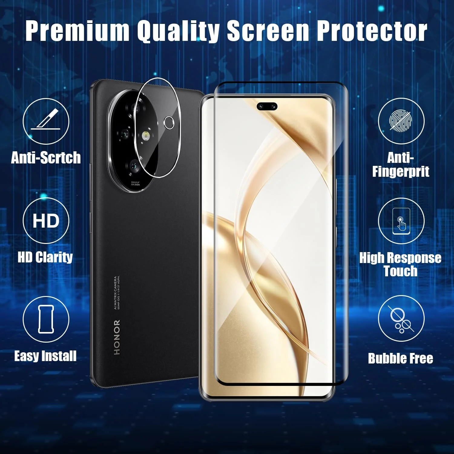 محافظ صفحه نمایش شیشه ای حرارت دیده Holilo برای Honor 200 Pro به همراه محافظ لنز دوربین عقب 【2 + 2 عدد】 غشای شیشه ای حرارت دیده مقاوم در برابر خراش با سختی 9H، فیلم محافظ صفحه نمایش HD بدون حباب