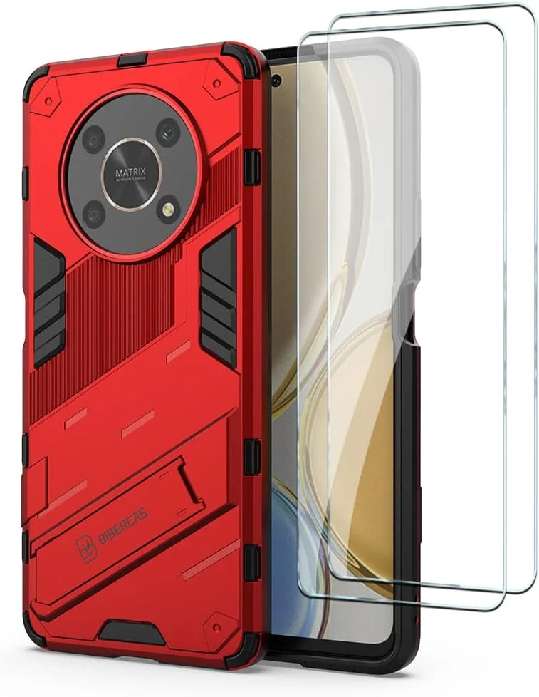 قاب محافظ گوشی QINOUK برای آنر X30، [ضد ضربه] TPU نرم و PC سخت، ضد خش، به همراه محافظ صفحه نمایش شیشه ای حرارت دیده [2 عددی]، دارای پایه تاشو نامرئی، برای آنر X30 - قرمز