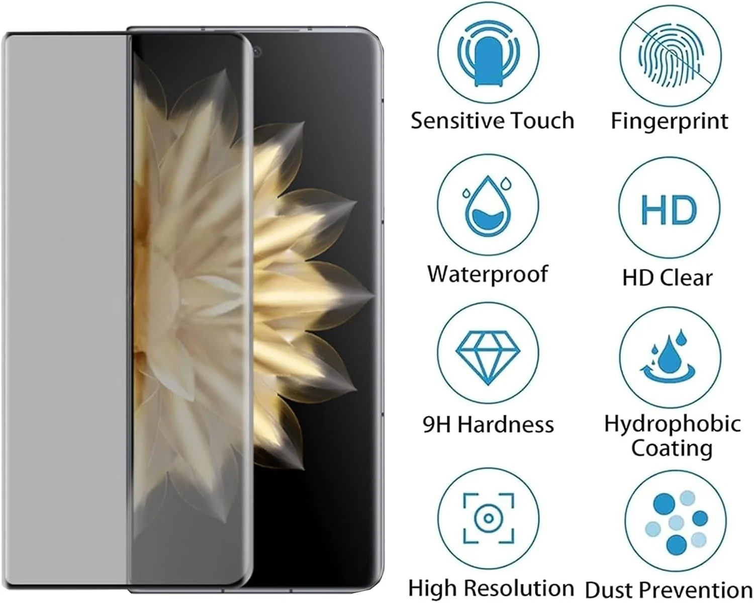 محافظ صفحه نمایش شیشه ای حریم خصوصی و محافظ لنز دوربین Moninsta [بسته 2+2 عددی] سازگار با گوشی Honor Magic V2، سختی 9H، ضد خش و ضد جاسوسی