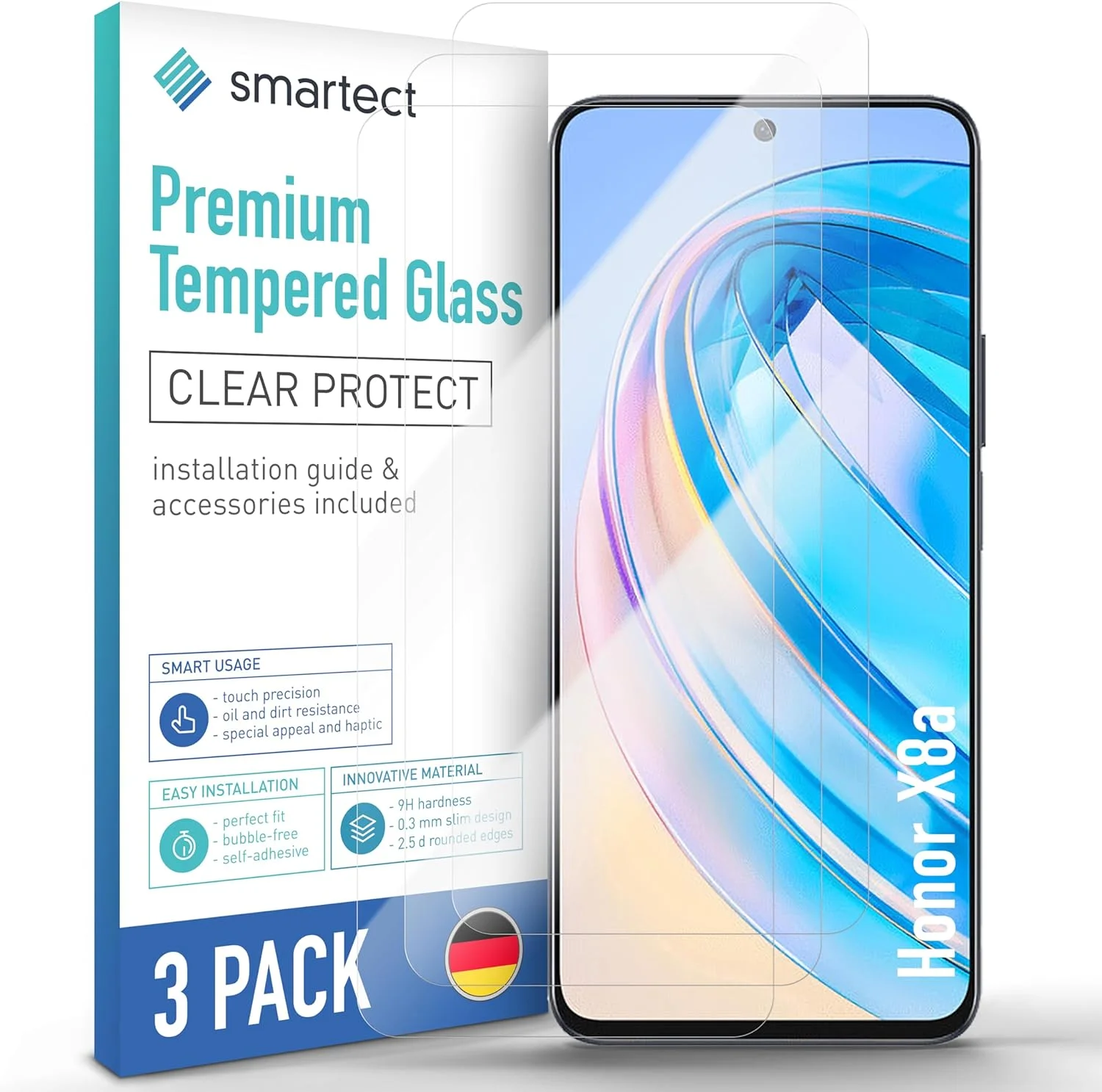 محافظ صفحه نمایش شیشه ای تمپرد [3 عدد، شفاف] smartect برای گوشی Honor X8a، محافظ صفحه نمایش HD، ضد خش، بدون حباب، سختی 9H، ضخامت 0.3 میلی متر، فوق العاده شفاف، مقاوم