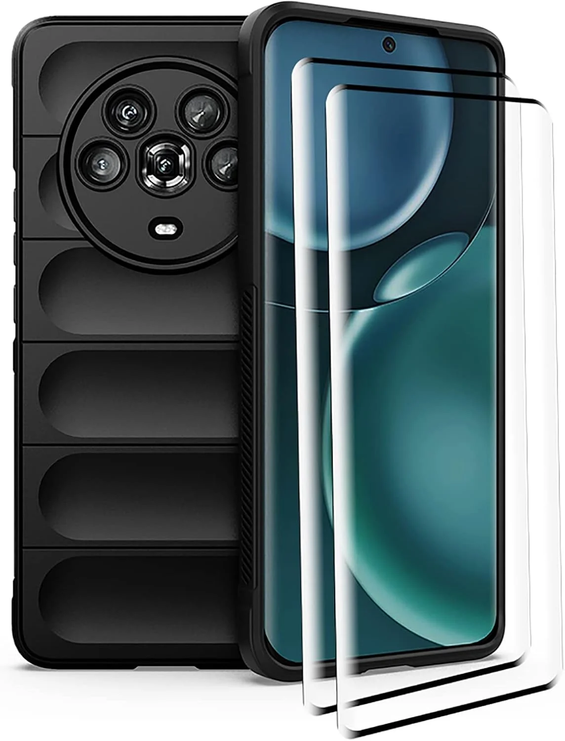 کاور محافظ گوشی GMUJIAO سازگار با Honor Magic4، ضد لغزش، ضد ضربه، ضد خش، همراه با 2 محافظ صفحه نمایش شیشه ای حرارت دیده - مشکی