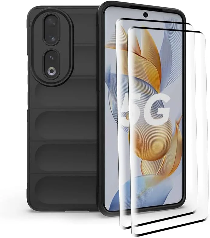 کاور GMUJIAO سازگار با Honor 90، ضد لغزش، ضد ضربه، ضد خش، محافظ با 2 محافظ صفحه نمایش شیشه ای حرارت دیده [مقاوم در برابر خراش] - مشکی