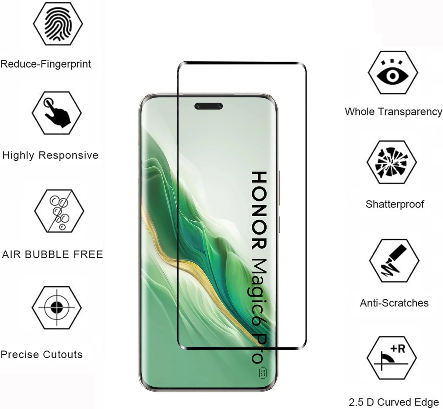 WRTBS [بسته 2 عددی] محافظ صفحه نمایش شیشه ای حرارت دیده برای گوشی آنر مجیک 6 پرو 5G، سختی 9H، وضوح بالا، پوشش کامل، ضد خش، بدون حباب، ضد اثر انگشت