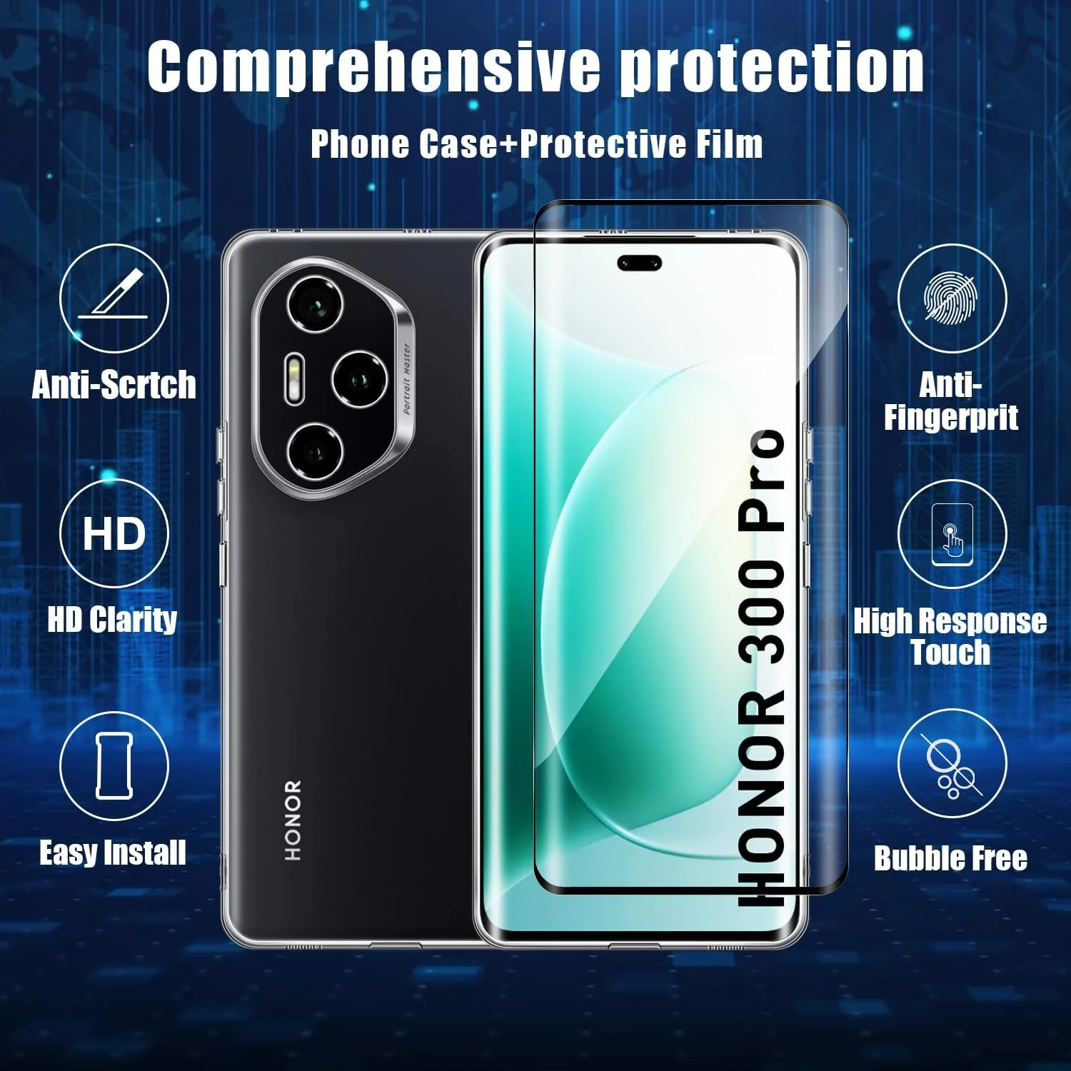 هولیو کاور سیلیکونی + محافظ صفحه نمایش برای گوشی آنر 300 پرو 5G، شیشه حرارت دیده سخت با درجه سختی 9H، کاور محافظ موبایل نازک و مقاوم در برابر خراش