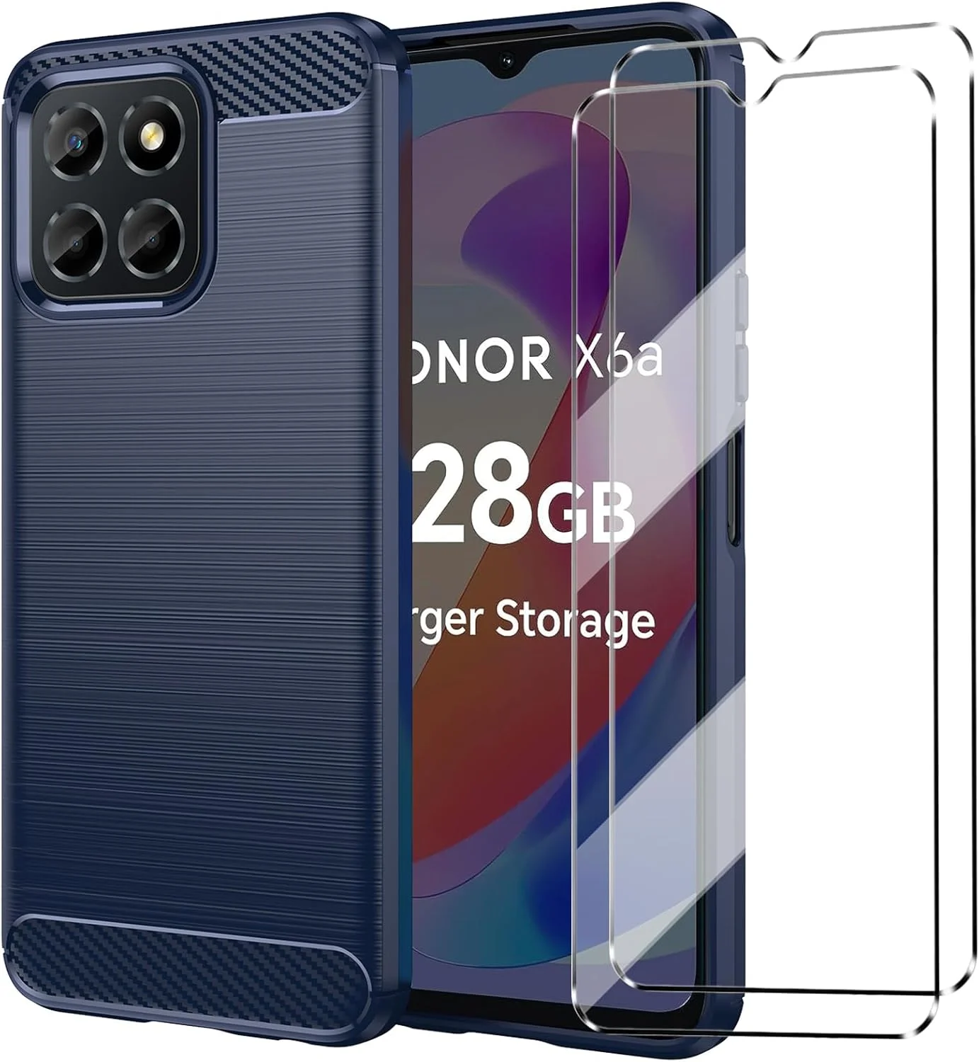 قاب محافظ گوشی آنر X6A به همراه 2 عدد محافظ صفحه نمایش شیشه ای حرارت دیده، باریک، TPU نرم، ضد ضربه، ضد خش - سرمه ای