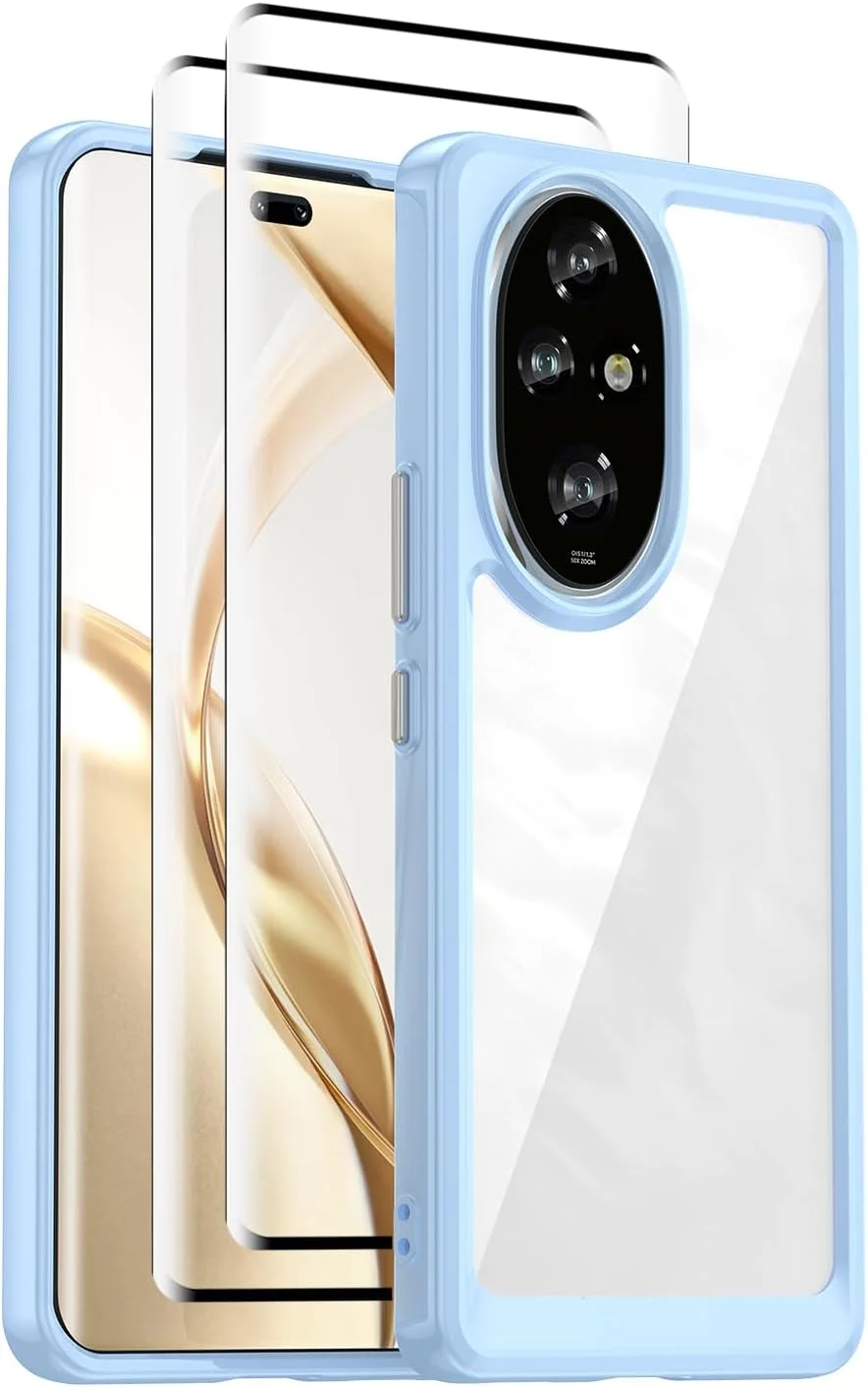 کاور محافظ گوشی GMUJIAO سازگار با Honor 200، کاور محافظ شفاف با فریم PC/TPU، کاور گوشی TPU+PC به همراه 2 محافظ صفحه نمایش شیشه ای حرارت دیده [مقاوم در برابر خراش] - آبی