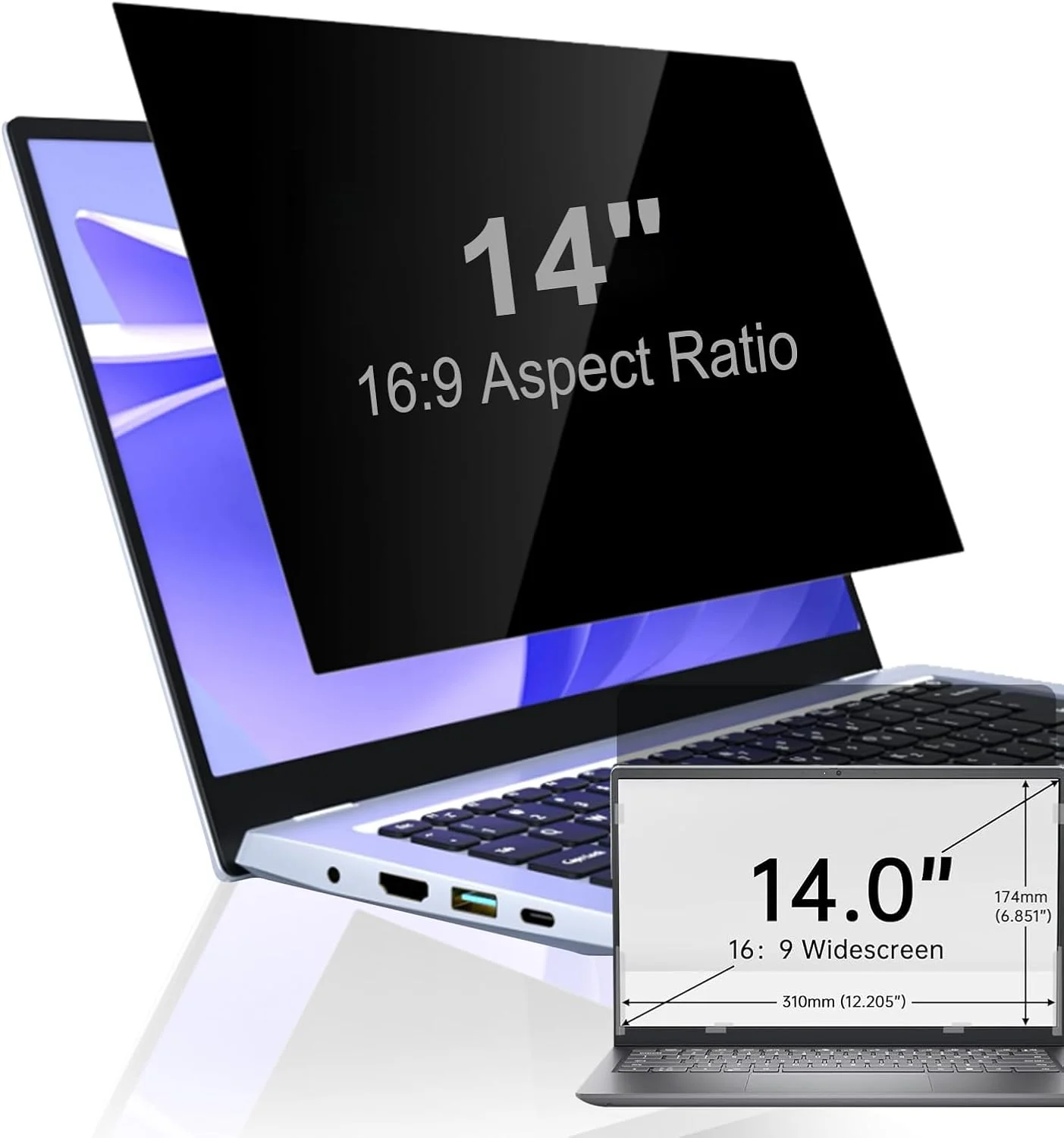 محافظ صفحه نمایش حریم خصوصی Wonsoso برای لپ تاپ 14 اینچی با نسبت تصویر 16:9، فیلتر حریم خصوصی ضد جاسوسی و محافظ ضد تابش نور آبی برای Hp/Dell/Lenovo/ThinkPad/Asus/Sony، قابل جابجایی