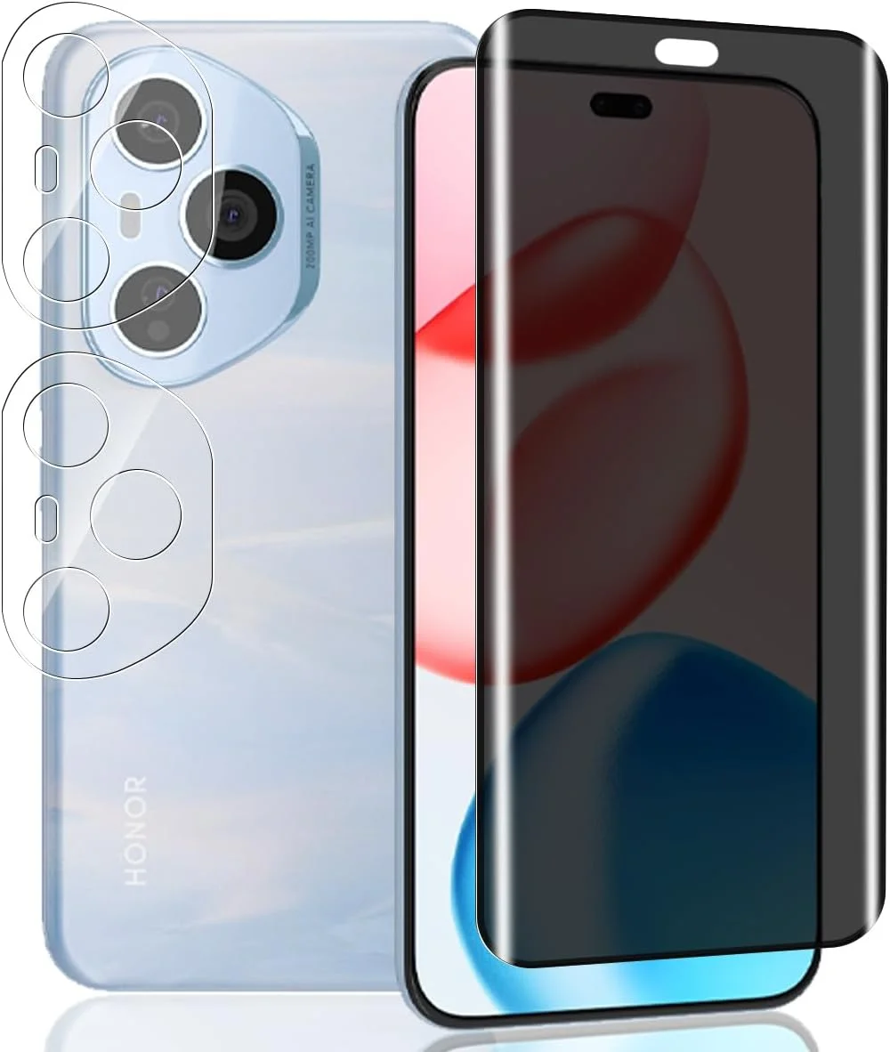 محافظ صفحه نمایش حریم خصوصی Yieehhow برای گوشی Honor 400 Pro، شیشه حرارت دیده، [1 عدد] سختی 9H، شیشه محافظ ضد جاسوسی و [بسته 2 عددی] محافظ صفحه نمایش شیشه حرارت دیده دوربین برای گوشی Honor 400 Pro