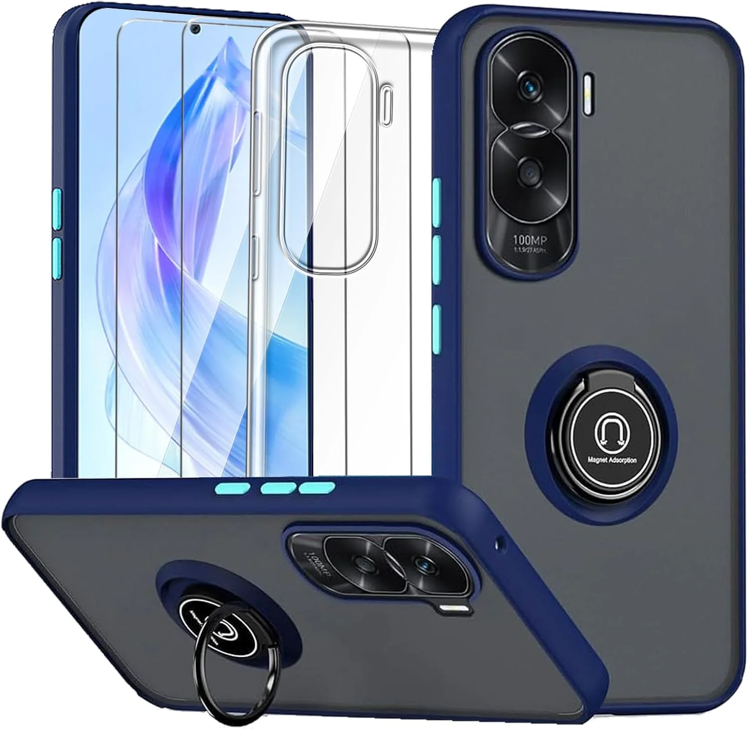 قاب گوشی LYZXMY برای Honor 90 Lite 5G، آبی رویال با قاب انگشتی + قاب گوشی شفاف + 2 عدد محافظ صفحه نمایش شیشه ای حرارت دیده