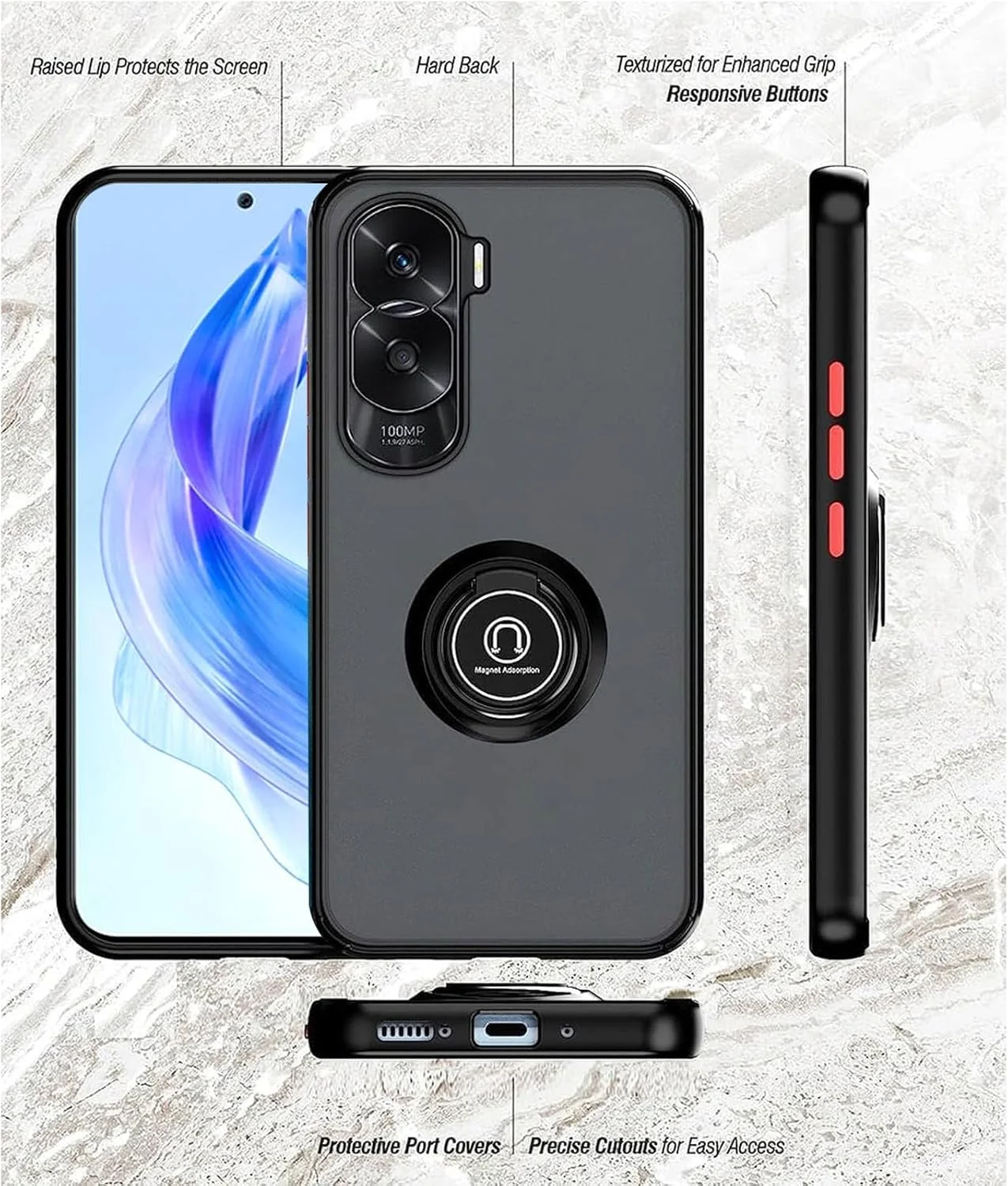 قاب گوشی LYZXMY برای Honor 90 Lite 5G، آبی رویال با قاب انگشتی + قاب گوشی شفاف + 2 عدد محافظ صفحه نمایش شیشه ای حرارت دیده