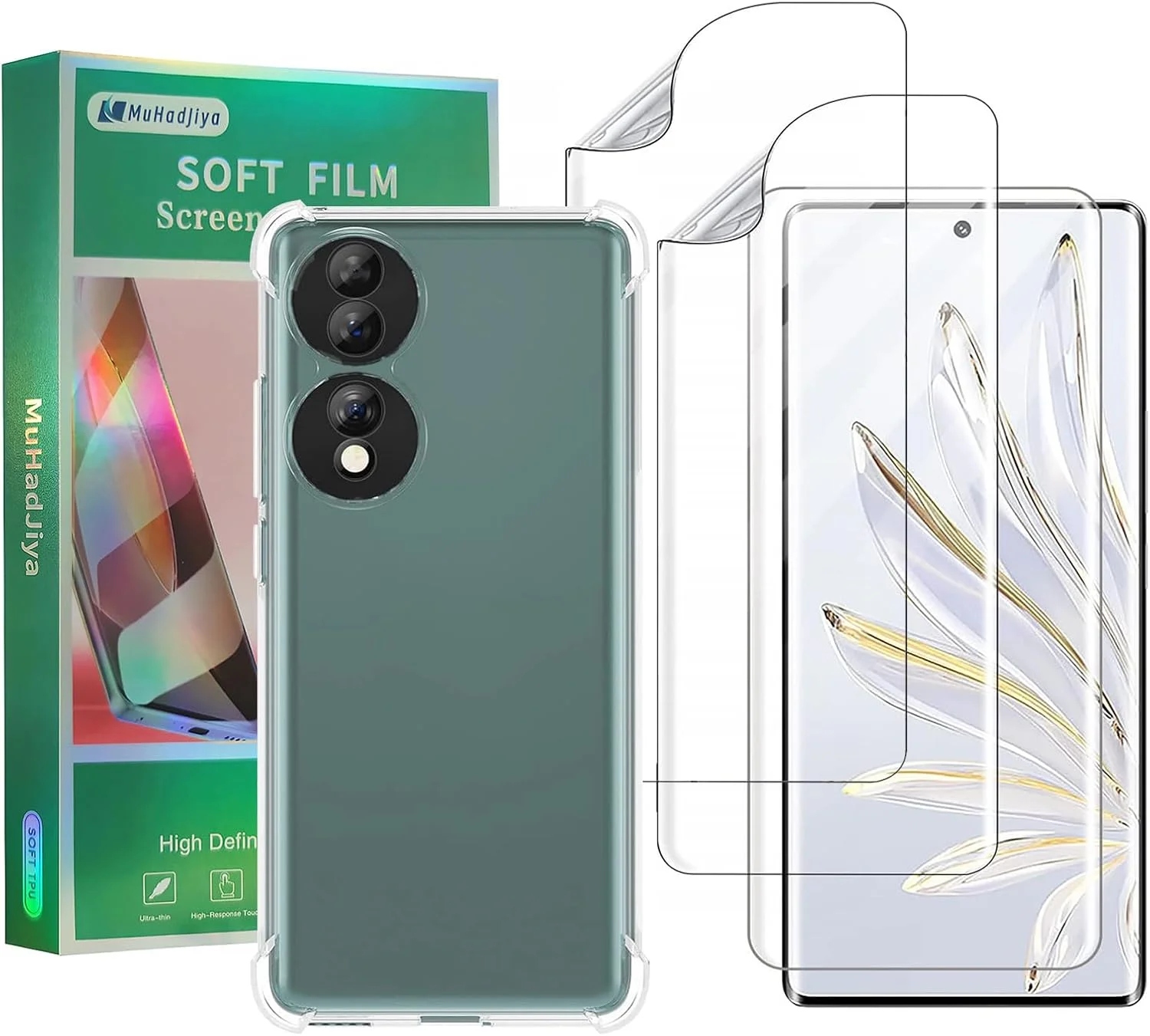 محافظ صفحه نمایش نرم MuHadJiya برای گوشی Honor 70 به همراه قاب شفاف [بسته 4 عددی: 3 محافظ صفحه + 1 قاب]، فیلم محافظ TPU نرم و شفاف HD به همراه کاور شفاف (مخصوص Honor 70)