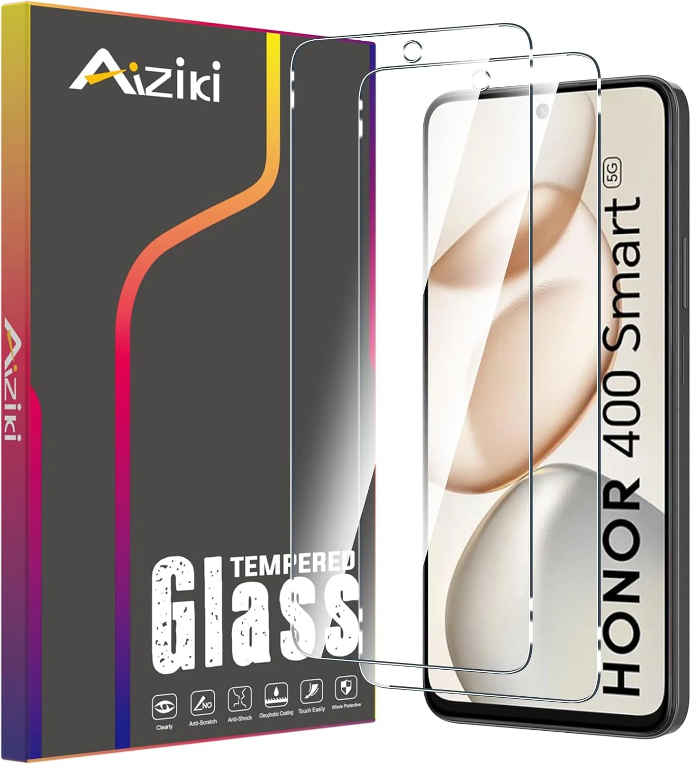 محافظ صفحه نمایش Aiziki [2 عدد] برای Honor 400 Smart، 0.33 میلی متر فوق العاده شفاف، ضد اثر انگشت، بدون حباب، فوق العاده مقاوم، HD شفاف