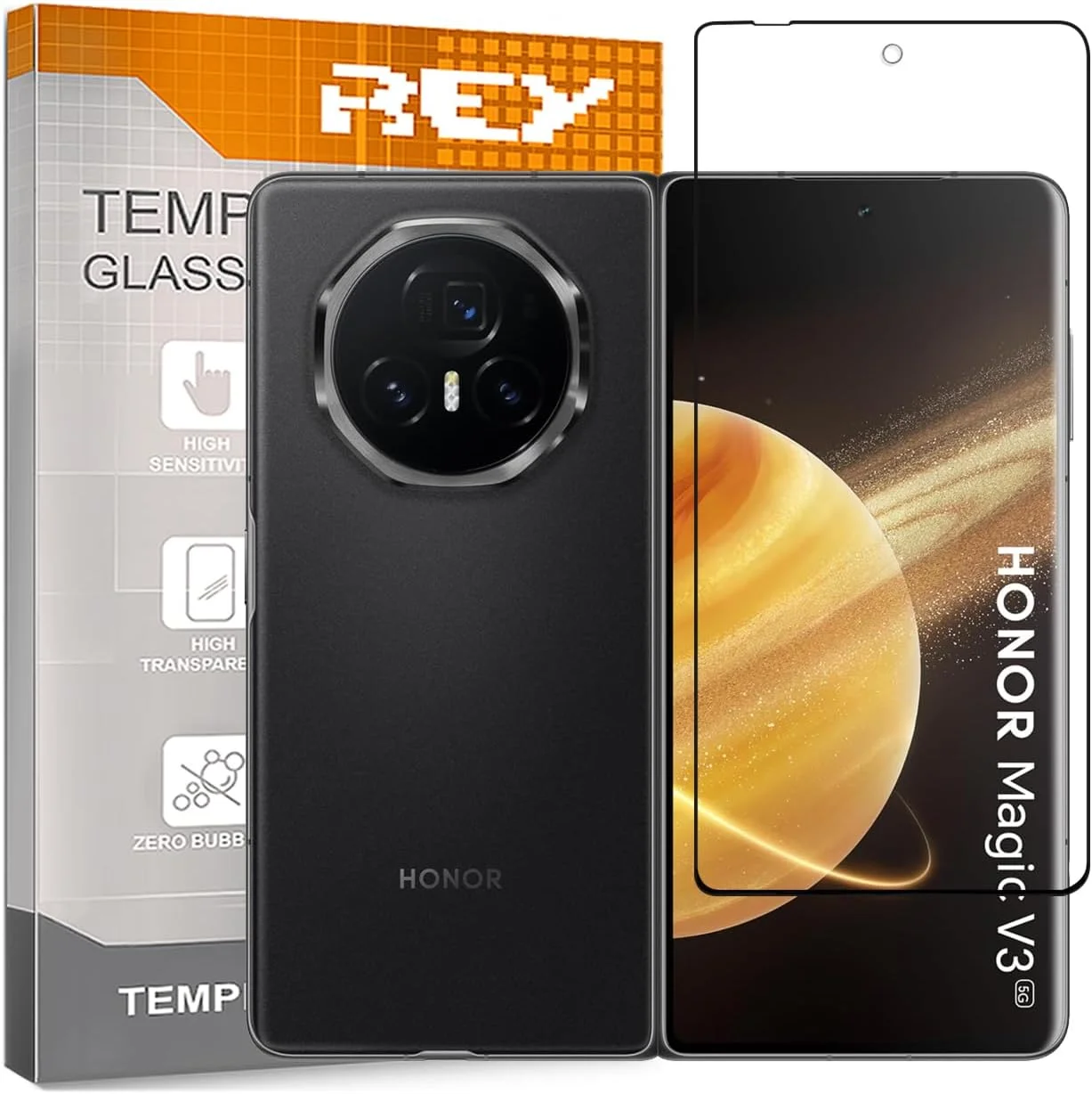 محافظ صفحه نمایش شیشه ای تمپرد سه بعدی REY برای گوشی آنر مجیک V3، مشکی، سختی 9H+، ضد خش، ضد روغن و حباب، محافظت کامل سه بعدی، چهار بعدی، پنج بعدی