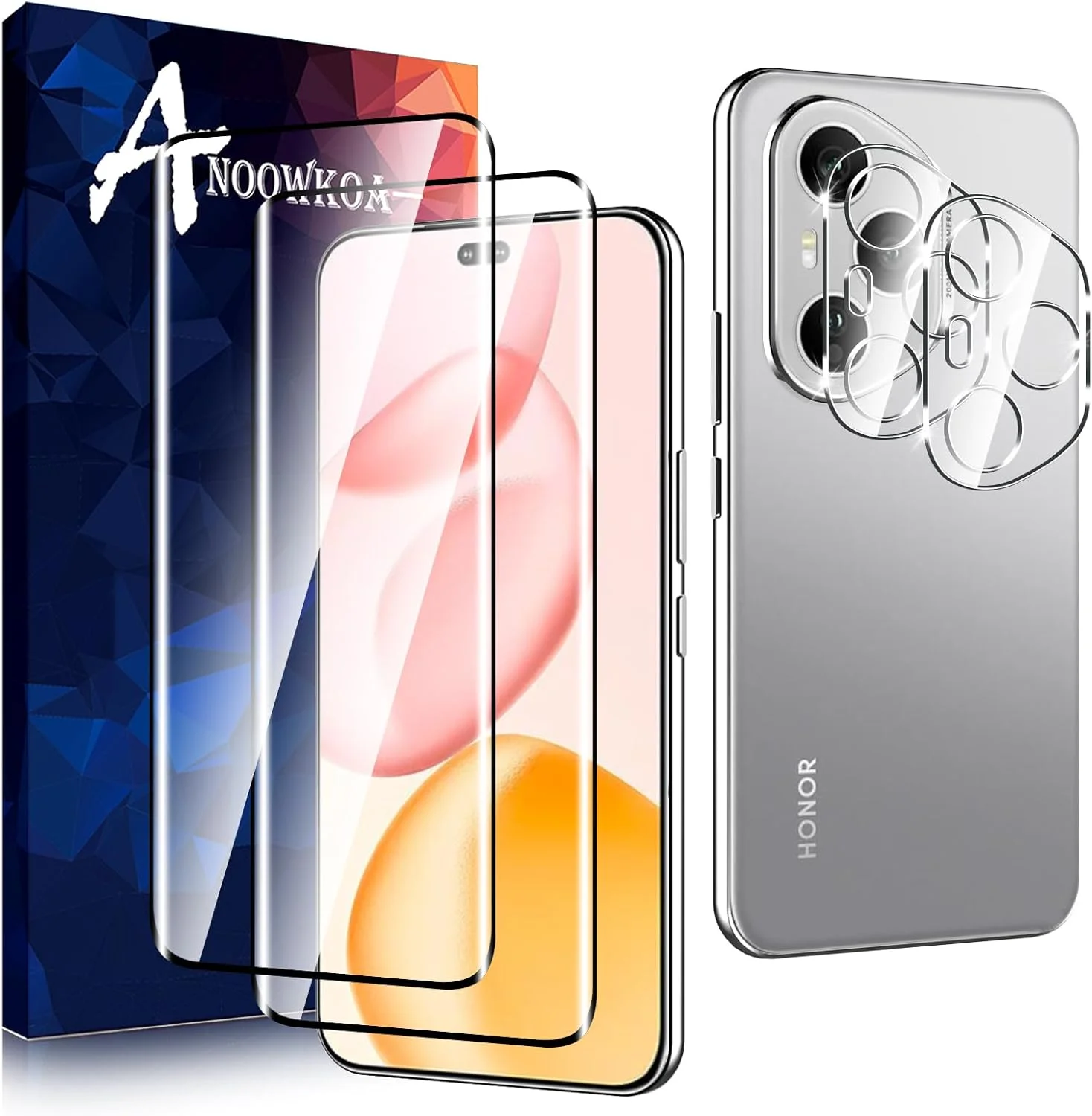 محافظ صفحه نمایش شیشه ای حرارت دیده شفاف آنووکوا مناسب برای گوشی Honor 400 Pro 5G به همراه محافظ لنز دوربین عقب، بدون حباب، نصب آسان (2+2 تکه)