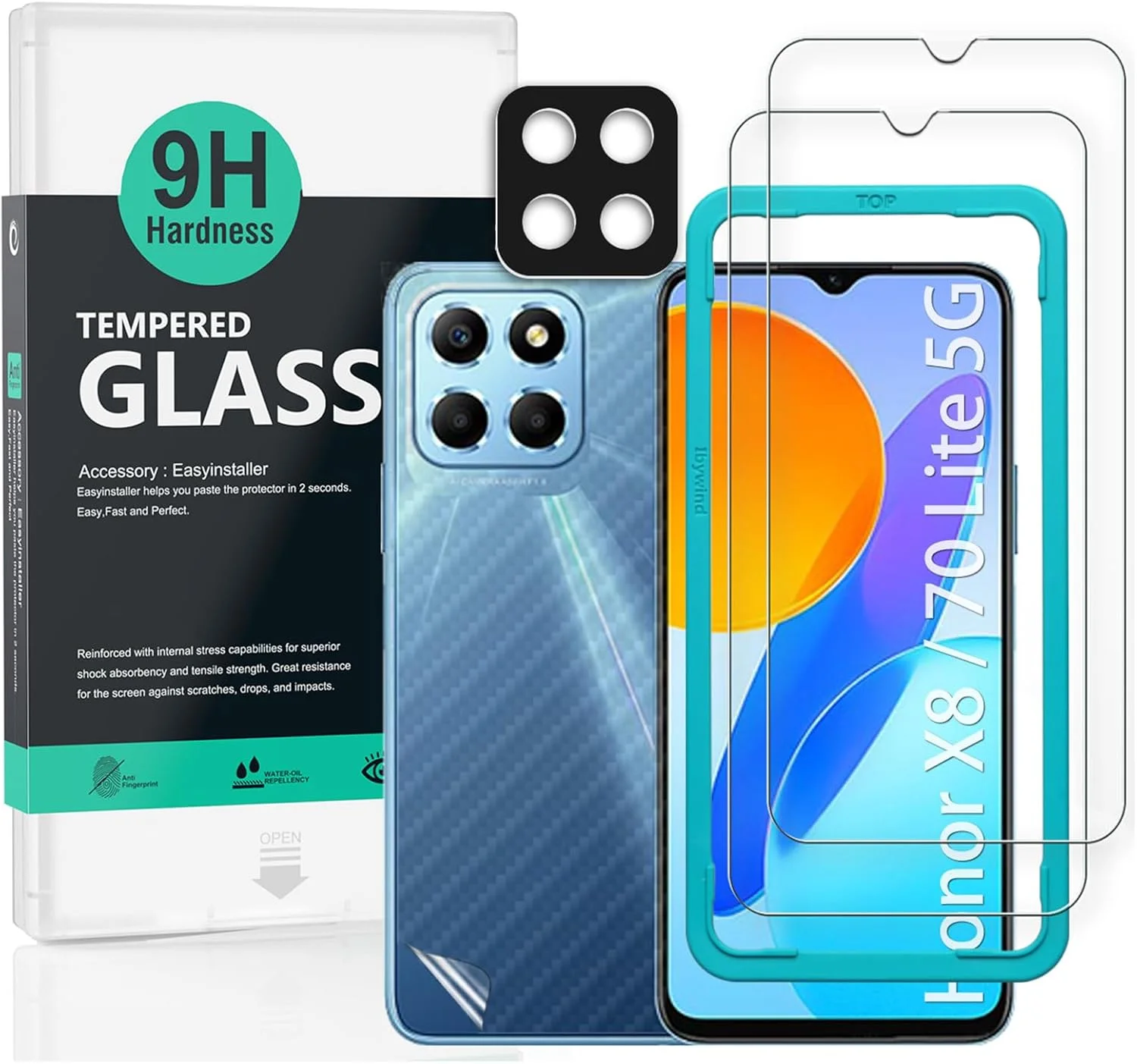 محافظ صفحه نمایش Ibywind برای Honor X8 5G/Honor 70 Lite 5G، شامل 2 عدد شیشه حرارت دیده، 1 محافظ لنز دوربین، 1 فیلم محافظ فیبر کربن، نصب آسان