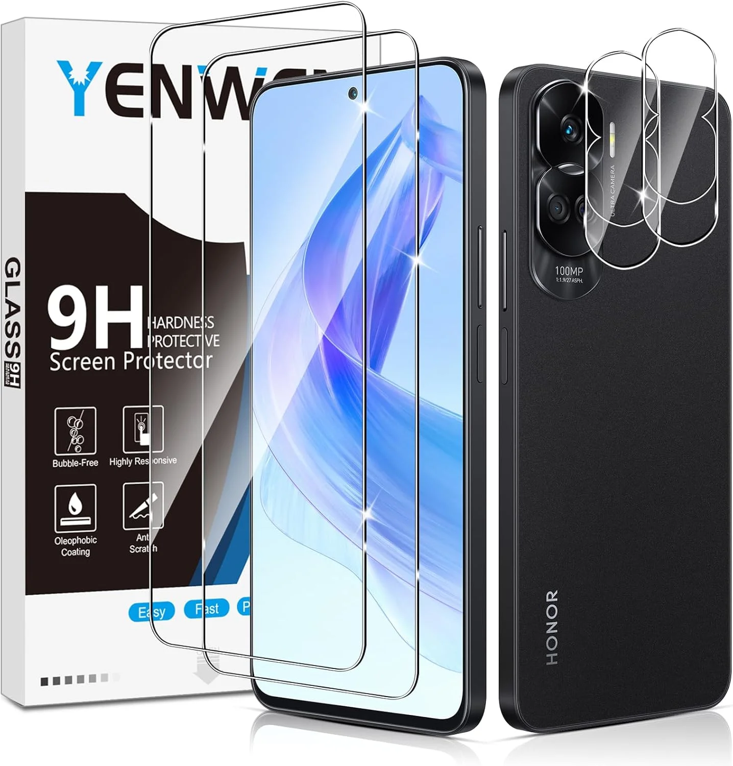 محافظ صفحه نمایش Yenwen برای گوشی Honor 90 Lite 5G، شیشه حرارت دیده، بسته 2 عددی محافظ صفحه نمایش شیشه ای حرارت دیده به همراه 2 عدد محافظ دوربین، شیشه محافظ با سختی 9H، فیلم محافظ ضد خش تلفن همراه HD
