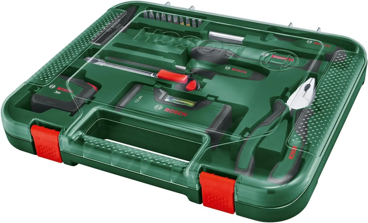 مجموعه ابزار دستی یونیورسال بوش 17 تکه. مجموعه ابزار دستی یونیورسال 17 تکه بوش، تجهیزات مناسبی برای چالش های متعدد تعمیر، نگهداری و تزئینات DIY در خانه یا در جاده دارد. این مجموعه شامل یک چکش مهندسی 300 گرمی، یک متر نواری 3 متری، چاقوی جداشونده، تراز 25 سانتی متری، انبردست ترکیبی، یک درفش، یک پیچ گوشتی جهانی، 10 سری پیچ گوشتی و یک جعبه نگهداری است. این ابزارها با استفاده از مواد با کیفیت بالا، به گونه ای ساخته شده اند که قوی و بادوام باشند. برای راحتی مطلوب، آنها دارای ویژگی های ارگونومیکی از جمله نواحی با دستگیره نرم یا اشکال منحنی هستند. ویژگی ها: چکش مهندسی 300 گرمی: لرزش کم، قدرتمند و دقیق و دارای دستگیره نرم. متر نواری 3 متری: قفل خودکار، قوی و ارگونومیک و دارای گیره کمربند. چاقوی جداشونده: قفل خودکار، دستگیره نرم و دارای محل نگهداری تیغه یکپارچه. تراز 25 سانتی متری: دقت بالا، مقیاس متریک و شیار V. انبردست ترکیبی: لبه برش سخت شده، سطح گیره دقیق و دسته دو جزئی. درفش: کروم وانادیوم، شکل ارگونومیک و دستگیره نرم. پیچ گوشتی جهانی: نگهدارنده بیت مغناطیسی، دستگیره نرم ارگونومیک و ضد غلتش. 10 عدد سری پیچ گوشتی: PH1/2، PZ1/2، S4/5، T20/25، H4/5، فولاد S2 و کد رنگی. جعبه نگهداری: طراحی قوی و به راحتی قابل حمل. جزئیات فنی ابعاد کیف: 356x306x48 میلی متر وزن ابزار (خالص): 2234 گرم محتویات 1 عدد انبردست ترکیبی 1 عدد پیچ گوشتی جهانی 1 عدد چکش 300 گرمی 1 عدد چاقوی جداشونده 1 عدد درفش 1 عدد متر نواری 3 متری 1 عدد تراز 12 سانتی متری 10 عدد سری پیچ گوشتی: PH1/2، PZ1/2، S4/5، T20/25، H4/5 1 عدد جعبه پلاستیکی با درب شفاف