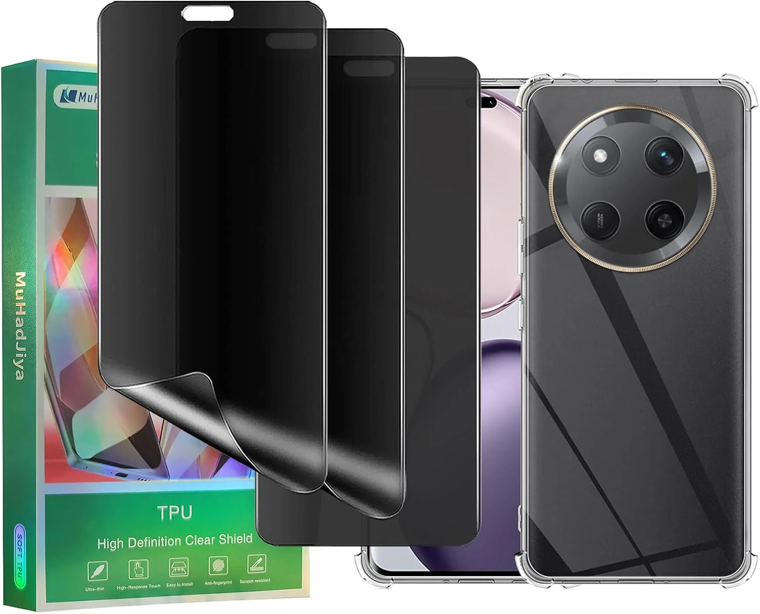 محافظ صفحه نمایش حریم خصوصی نرم MuHadJiya برای Honor X9c [بسته 4 عددی شامل 3 محافظ صفحه و 1 قاب گوشی TPU شفاف]، فیلم TPU انعطاف پذیر ضد جاسوسی جایگزین با قاب کریستالی (برای Honor X9c 5G)