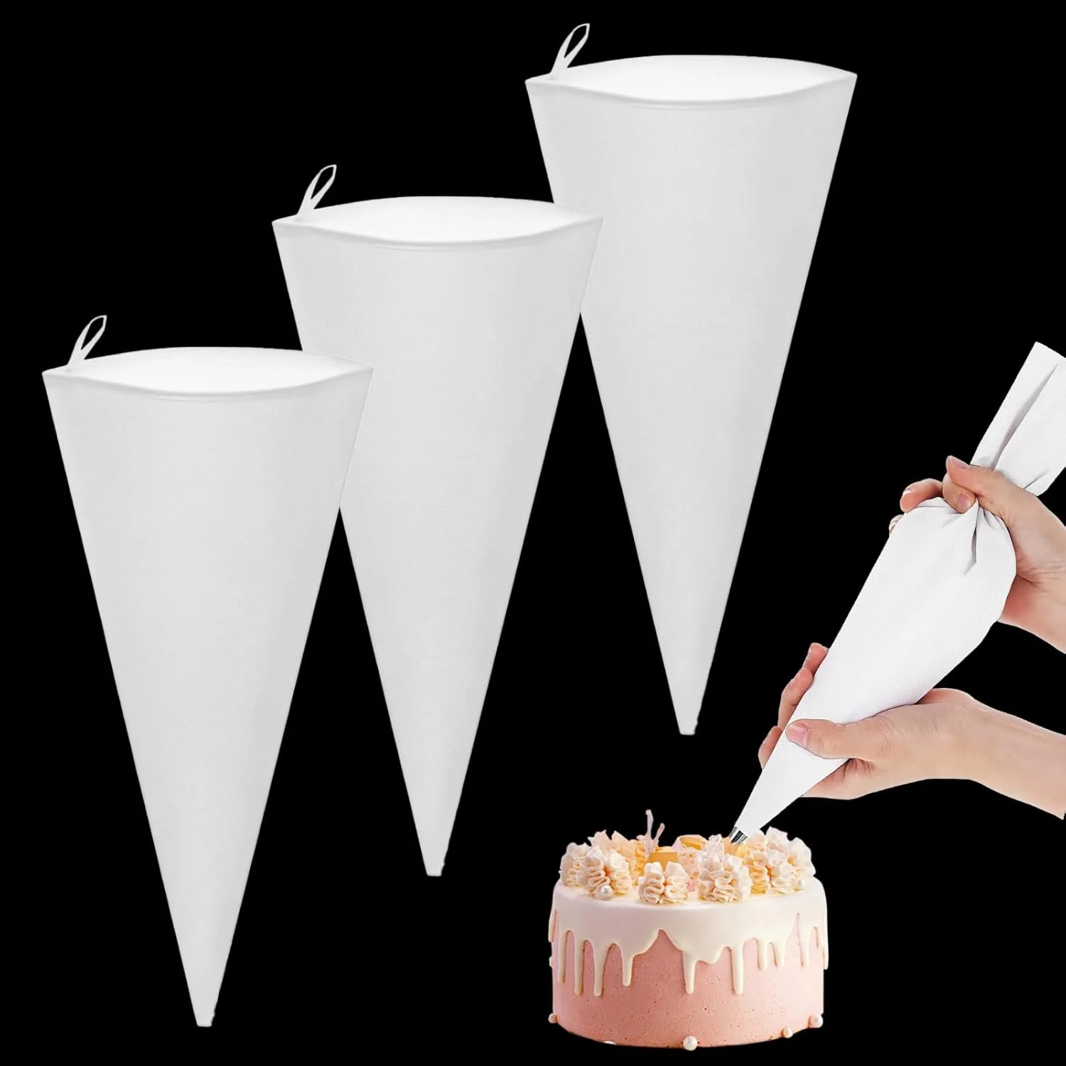 ست 3 عددی کیسه قیف قنادی قابل استفاده مجدد - کیسه های پارچه ای 30 سانتی متری برای تزئین کیک - لوازم تزئین کیک برای خامه کشی - ایده آل برای تزئین کیک و کلوچه، سفید، دارای قابلیت آویزان کردن ست 3 عددی کیسه قیف قنادی قابل استفاده مجدد - کیسه های پارچه ای 30 سانتی متری برای تزئین کیک - لوازم تزئین کیک برای خامه کشی - ایده آل برای تزئین کیک و کلوچه، سفید، دارای قابلیت آویزان کردن