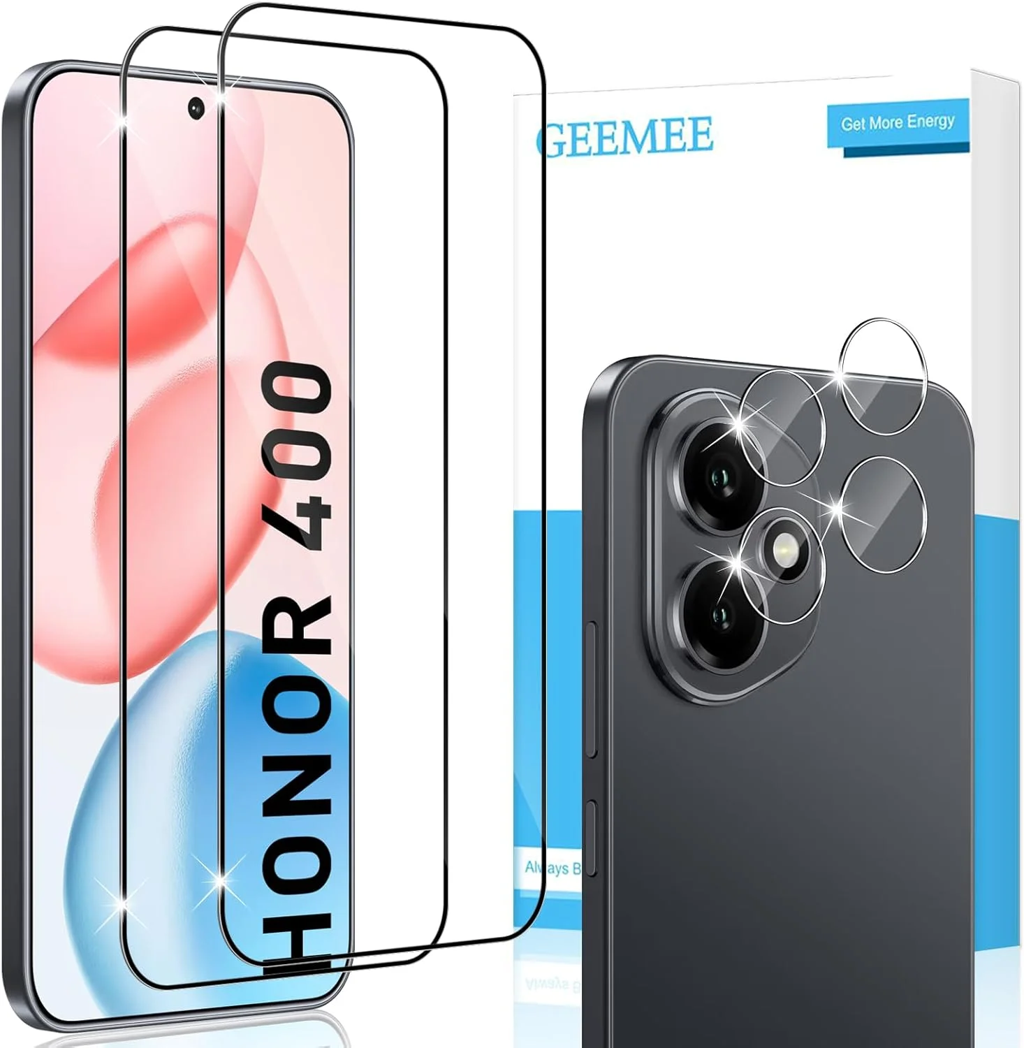 محافظ صفحه نمایش شیشه ای تمپرد GEEMEE برای Honor 400، بسته 2 عددی محافظ صفحه نمایش با 2 محافظ دوربین، سختی 9H، شفاف HD، ضد خش، پوشش کامل