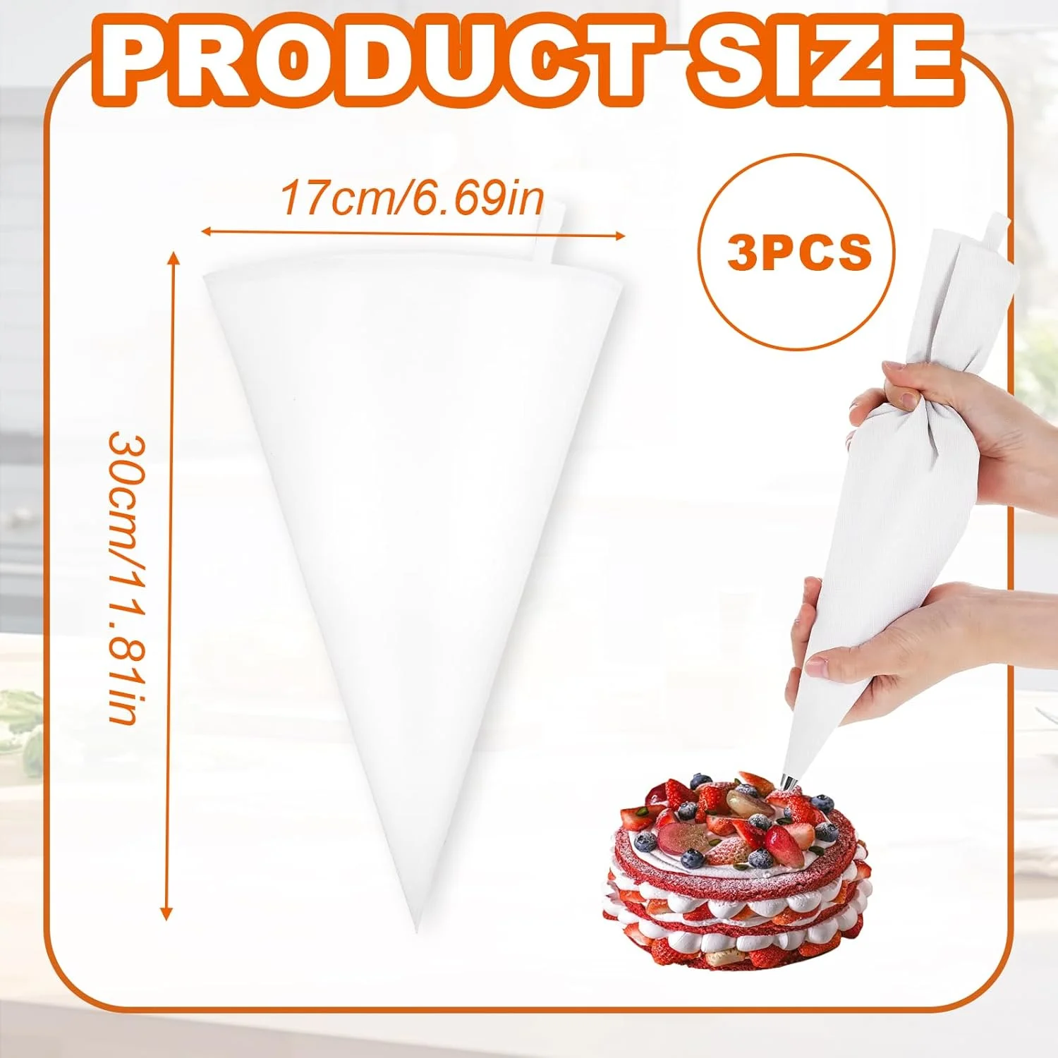 ست 3 عددی کیسه قیف قنادی قابل استفاده مجدد - کیسه های پارچه ای 30 سانتی متری برای تزئین کیک - لوازم تزئین کیک برای خامه کشی - ایده آل برای تزئین کیک و کلوچه، سفید، دارای قابلیت آویزان کردن