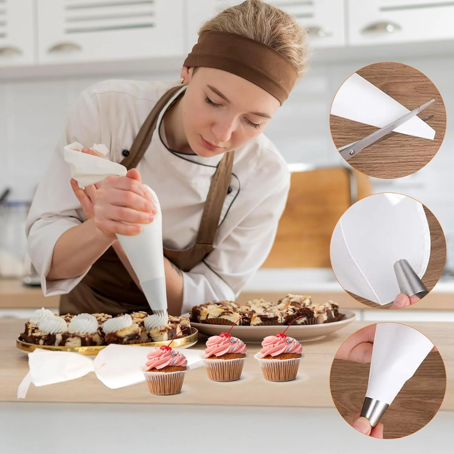 ست 3 عددی کیسه قیف قنادی قابل استفاده مجدد - کیسه های پارچه ای 30 سانتی متری برای تزئین کیک - لوازم تزئین کیک برای خامه کشی - ایده آل برای تزئین کیک و کلوچه، سفید، دارای قابلیت آویزان کردن