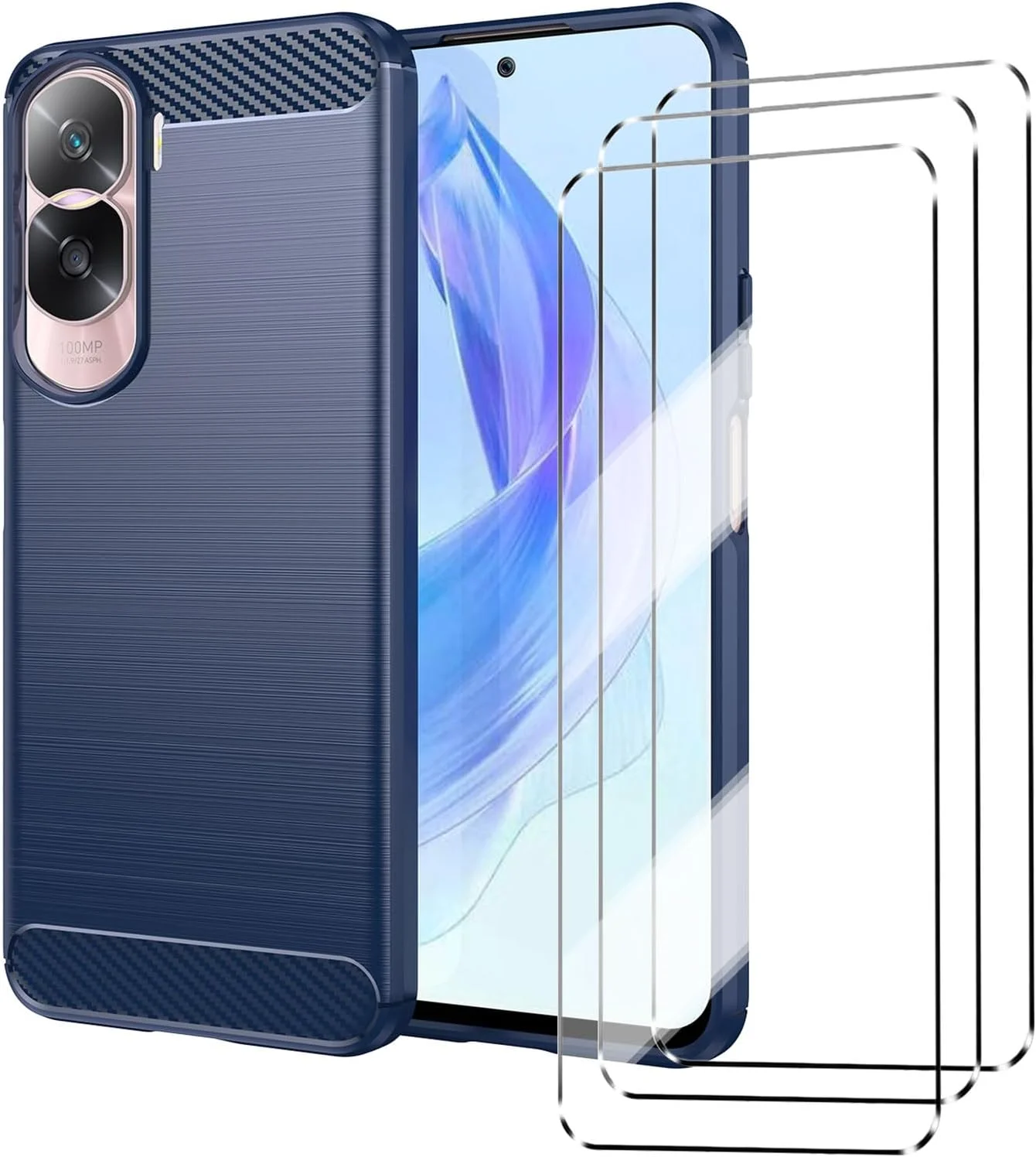 قاب گوشی HuiYouMY [چهار در یک] سازگار با کاور گوشی Honor 90 Lite به همراه 3 عدد محافظ صفحه نمایش شیشه ای حرارت دیده برای گوشی Honor 90 Lite، قاب باریک و نرم TPU ضد ضربه و ضد خش - سرمه ای
