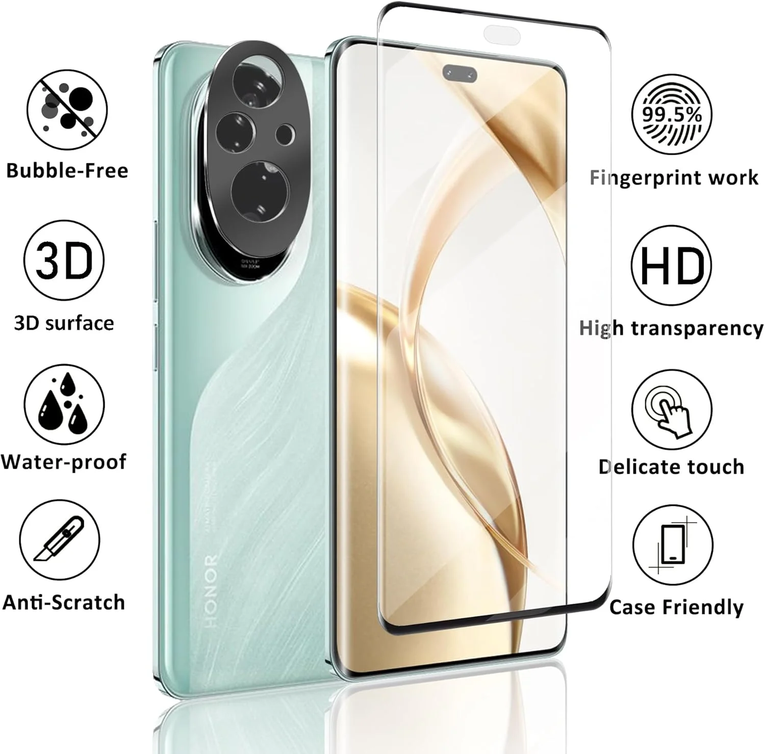 محافظ صفحه نمایش شیشه ای حرارت دیده برای گوشی Honor 200 Pro، بسته 2 عددی [6.78 اینچ] + محافظ لنز دوربین HD شفاف، بسته 2 عددی، سختی 9H، سازگار با باز کردن قفل اثر انگشت، HD شفاف