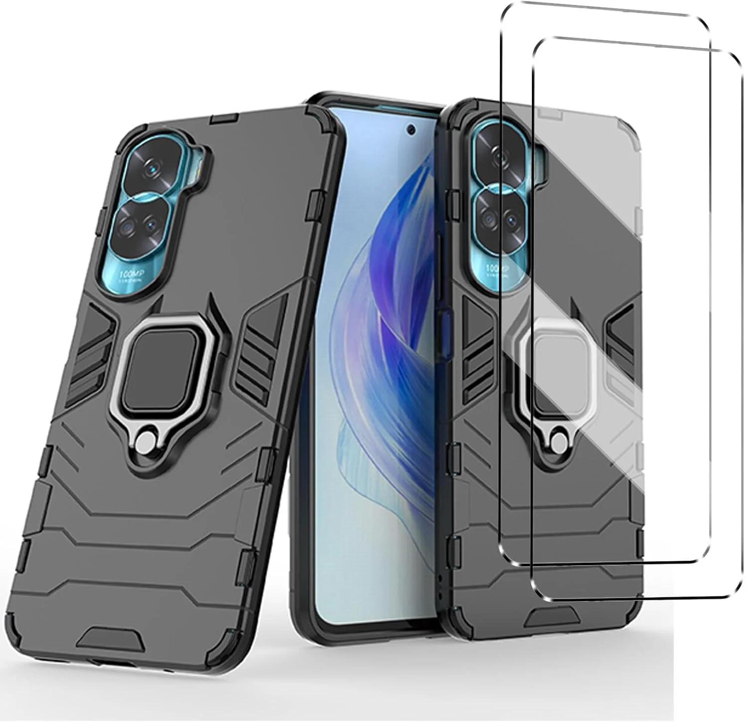 قاب گوشی [3 در 1] سازگار با Honor 90 lite به همراه 2 عدد محافظ صفحه نمایش شیشه ای حرارت دیده برای Honor 90 lite، قاب محافظ گوشی باریک و نرم TPU ضد ضربه و ضد خش - مشکی